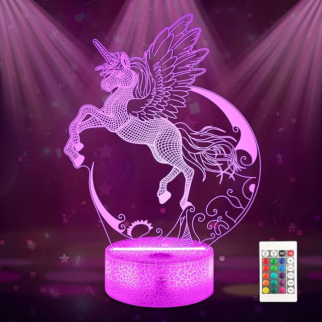 Unicorn Night Light for Kids, Ammonite Unicorn 3D Illusion Lamp 16 Colors Change with Remote & Timer Unicorn Bedside Light as Birthday Gifts for Girls Women