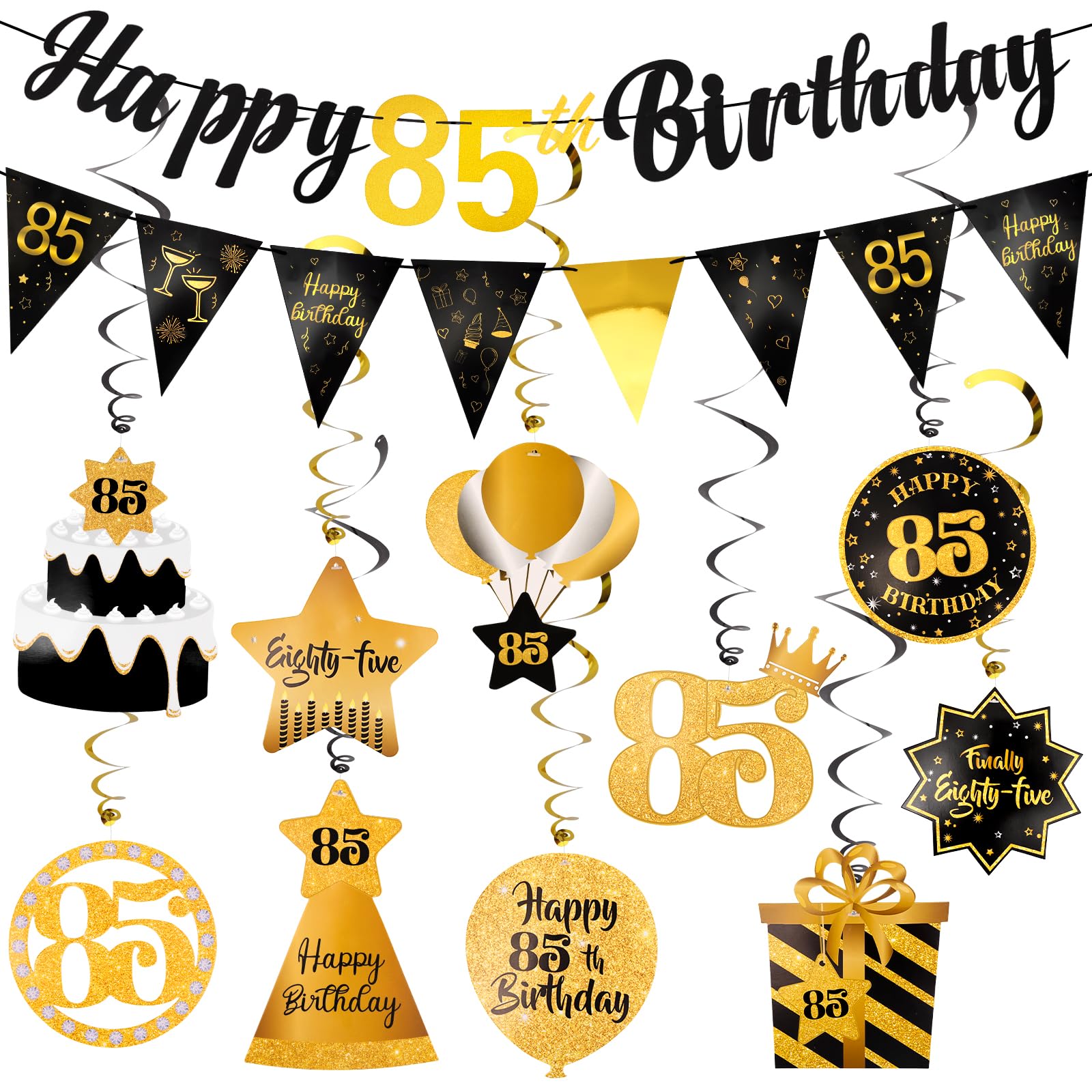 85th Birthday Decorations Men Set - Happy 85 Birthday Banner Triangle Flag Hanging Swirls Streamers for Women Men Party Decorations Supplies, Black and Gold