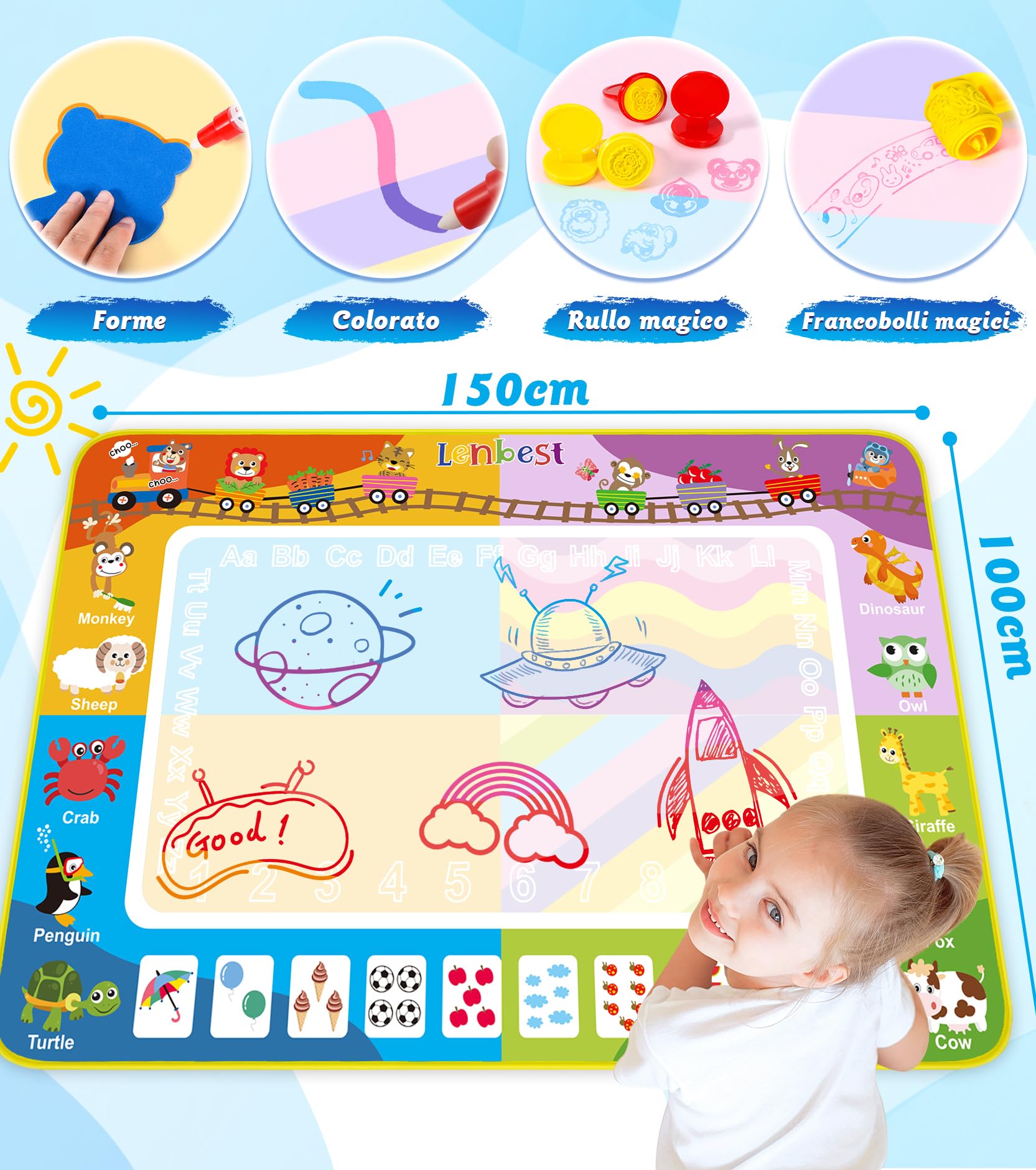 lenbest Tappeto Magico Bambini - 150×100cm Doodle Tappeto Magico - Giochi Bambini 2 3 Anni - Giochi Bambina - Giochi Educativi - Giocattoli Bambino 2 3 4 Anni Regalo