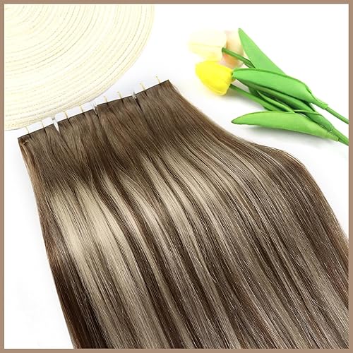 Miniatura 6 de Ve Sunny Extensiones de cabello humano con cinta adhesiva, balayage, color marrón medio, rubio platino y marrón, extensiones de cabello con cinta