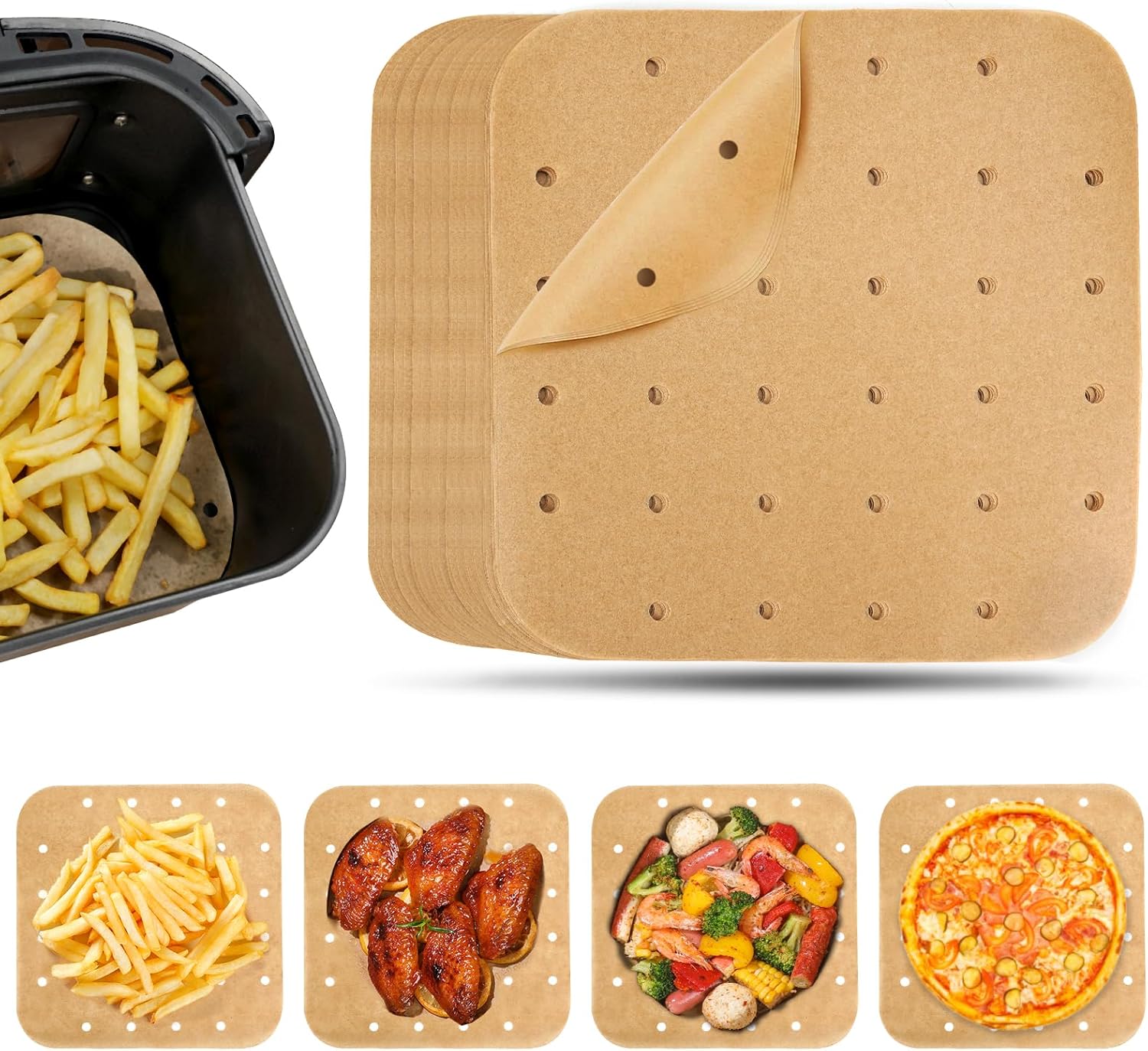 Vailnd Air Fryer Liners Disposable, 100pcs 8.5In Square Parchment Paper Sheets Unbleached, Perforated Food Steamer Liner for 5-8 Qt Air Fryers Baking Cooking Oven 8.5" Square 100