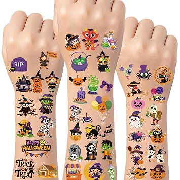 300pcs Sheets Halloween Temporary Tattoos for Kids, Cute Waterproof Fake Tattoos for Boys Girls, Pumpkin Witch Skeleton Ghost Spider Bat Halloween Party Favors Supplies, Trick or Treat Decorations