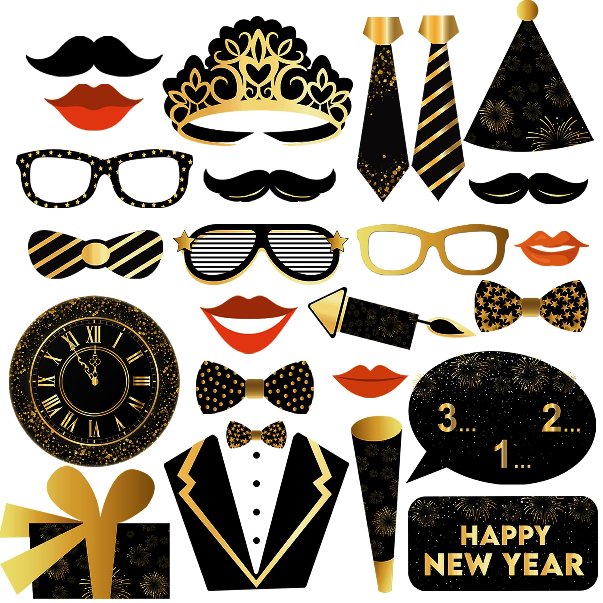KatchOn, New Years Photo Booth Props 2026 - Pack of 27 | Black and Gold New Years Eve Photo Booth Props for Happy New Years Decorations 2026 | New