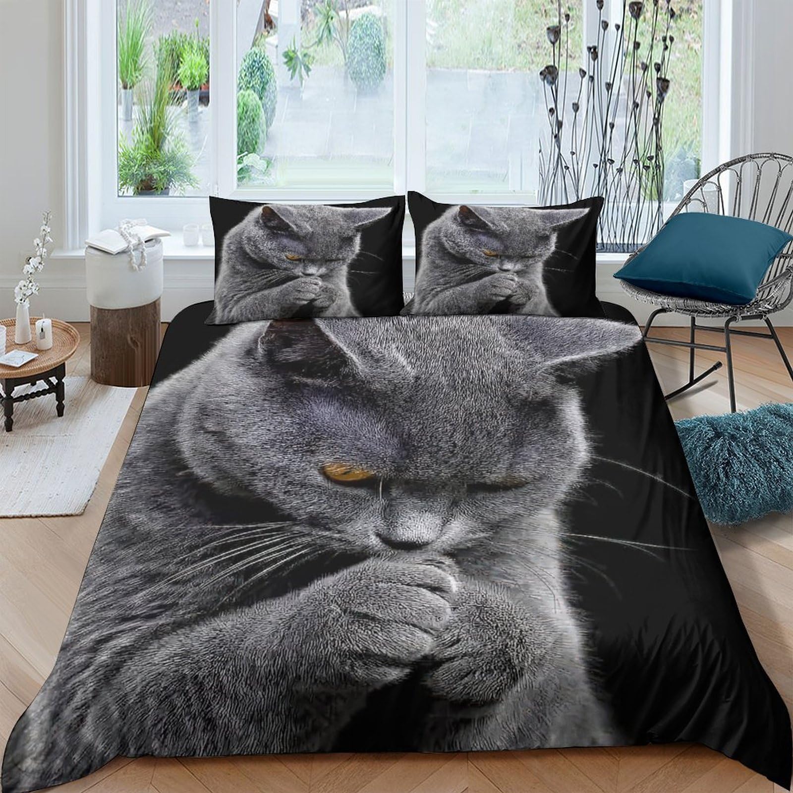 GPLZQXKJNH 3D Printed Grey Cat Duvet Cover Microfiber Soft Breathable Kitten Bedding Set with 2 Pillowcases for Bedroom Decor Single（135x200cm）