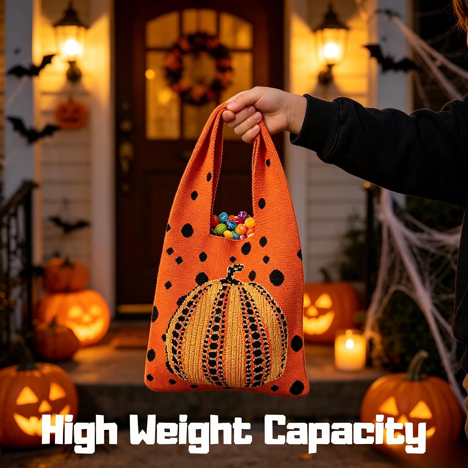 Halloween Pumpkin Knit Tote Bag 100% Cotton Trick or Treat Bag image 4