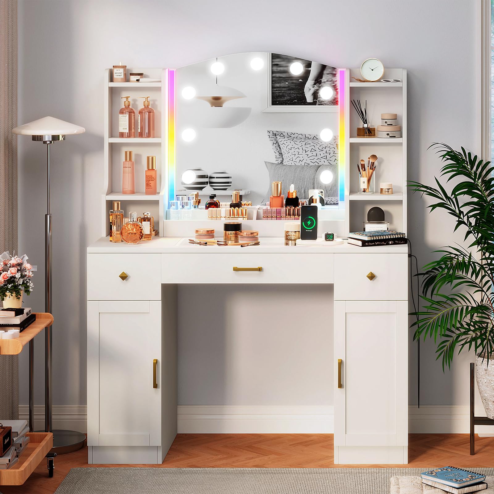 White Vanity Desk with Mirror and Lights, Bedroom Vanity Table with Power Strip & Glass Table Top, Large Makeup Vanity with Lights and Drawers, Dressing Table Set with RGB Lights & Adjustable Cabinets