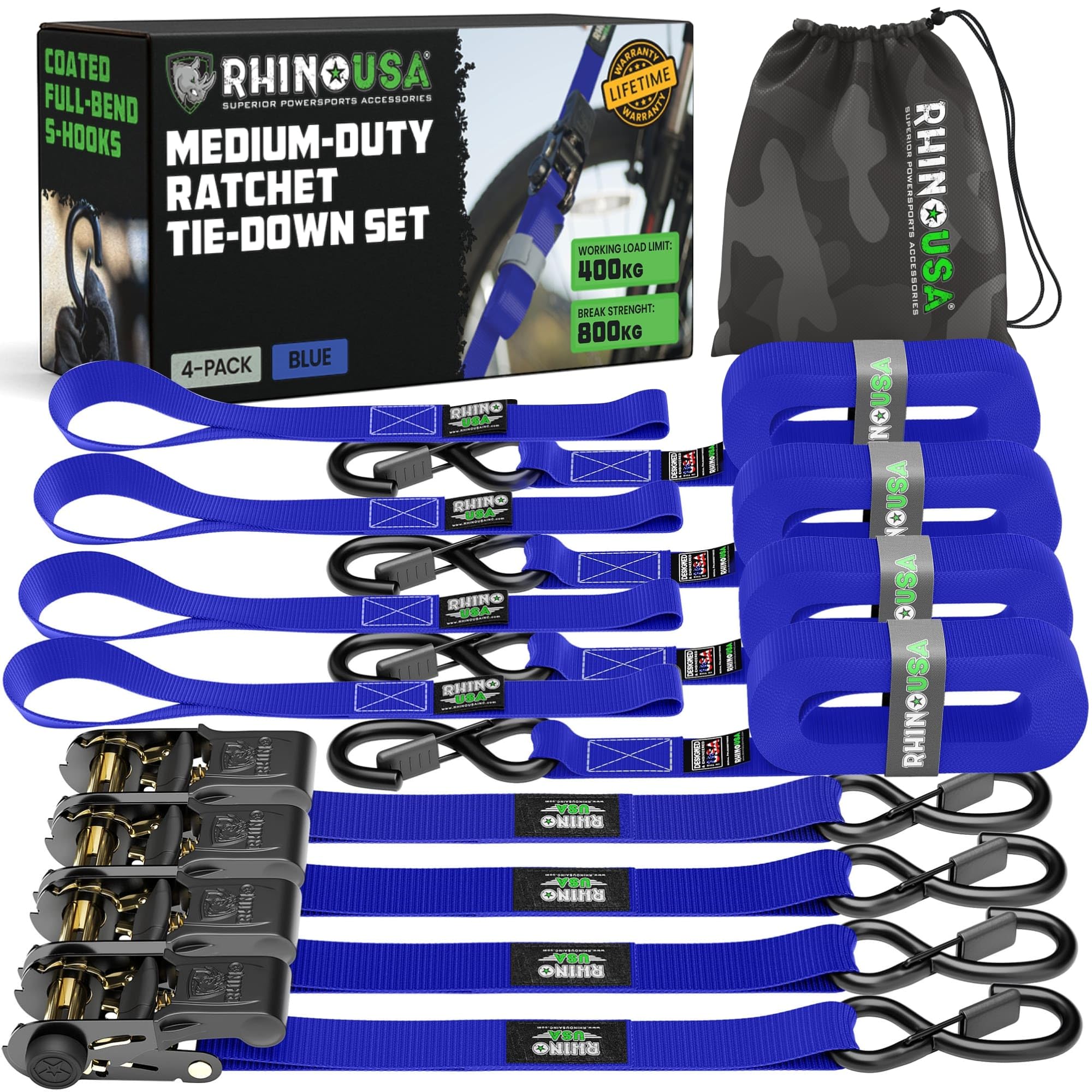 Sangle Rembobinage Automatique 2 Sangles D'Arrimage à Cliquet Rhino USA - 5cm X 3m - Résistance 1360kg - Auto-rétractables - Poignées Rembourrées - Vert Sécurité Transport Cargaison