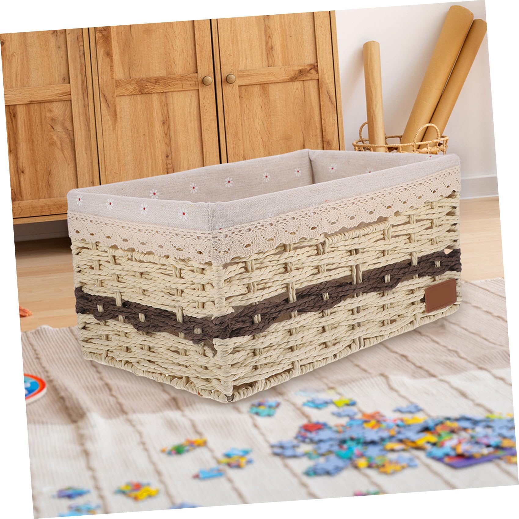 Happyyami Geflochtener Aufbewahrungskorb mit Einlage in Beige | Papier, Eisen und Gewebe, für Kosmetik und Lebensmittel, Dekorativ für Tisch, Feste
