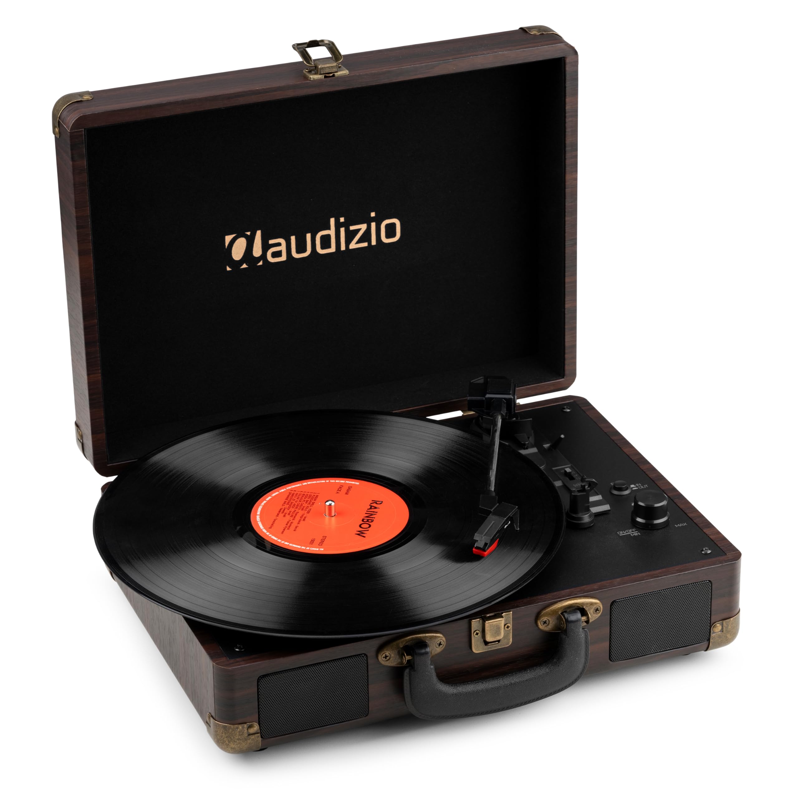 Audizio RP116DW Tocadiscos Retro en Maletín con Bluetooth In/out, USB para MP3, Altavoz Integrado y 3 Velocidades – Reproductor de Vinilo Estilo Vintage con Acabado en Madera Oscura Compacto