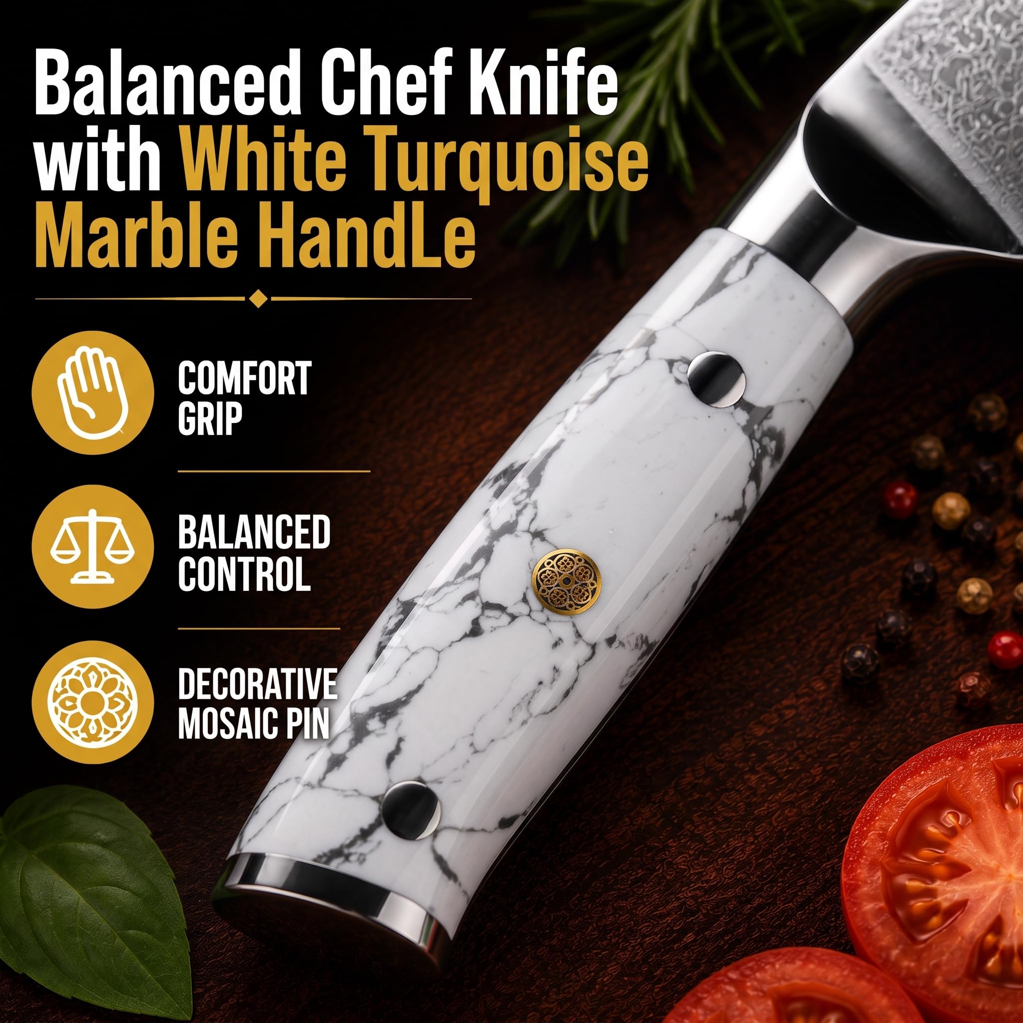 Damascus Chef Knife 8 Inch, Japanese Chef Knife with 67-Layer VG-10 Steel Core, Ultra Sharp Professional Kitchen Knife, White Turquoise Marble Handle, Premium Gift Box — Amazon image 7