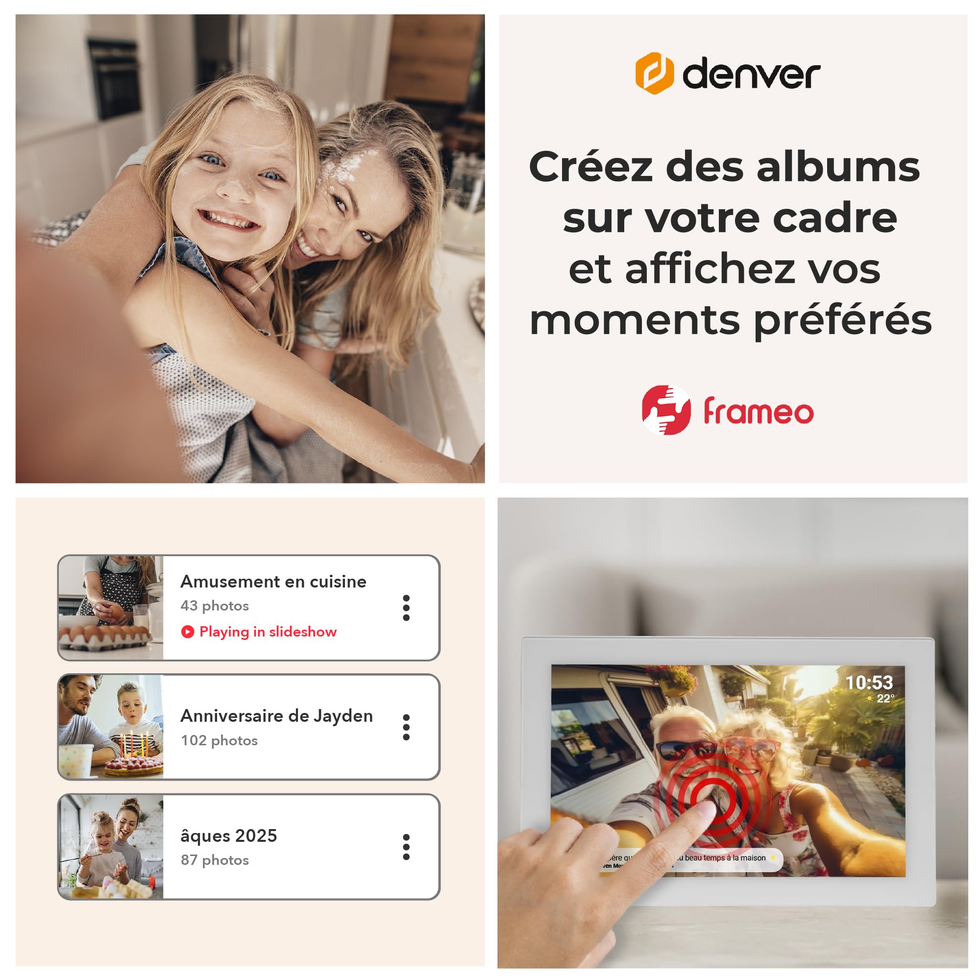 Denver PFF-1037W Cadre Photo numérique Wi-FI FRAMEO 10,1 Pouces, écran Tactile IPS 1280 x 800, mémoire 16 Go, Application iOS/Android, Blanc