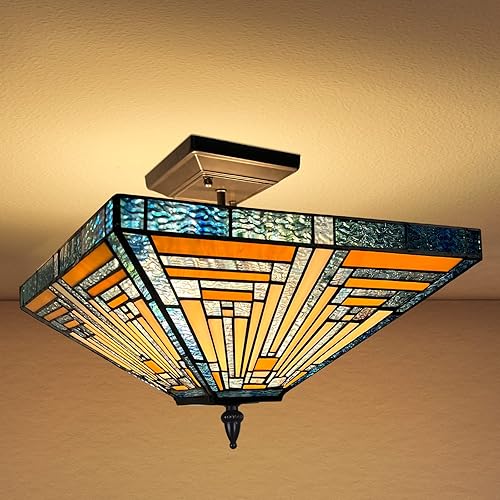 Miniatura 1 de ARTZONE Tiffany - Lámpara de techo semiempotrada, 2 luces de techo Tiffany de 14 pulgadas, lámpara de techo estilo misión vintage para dormitorio,