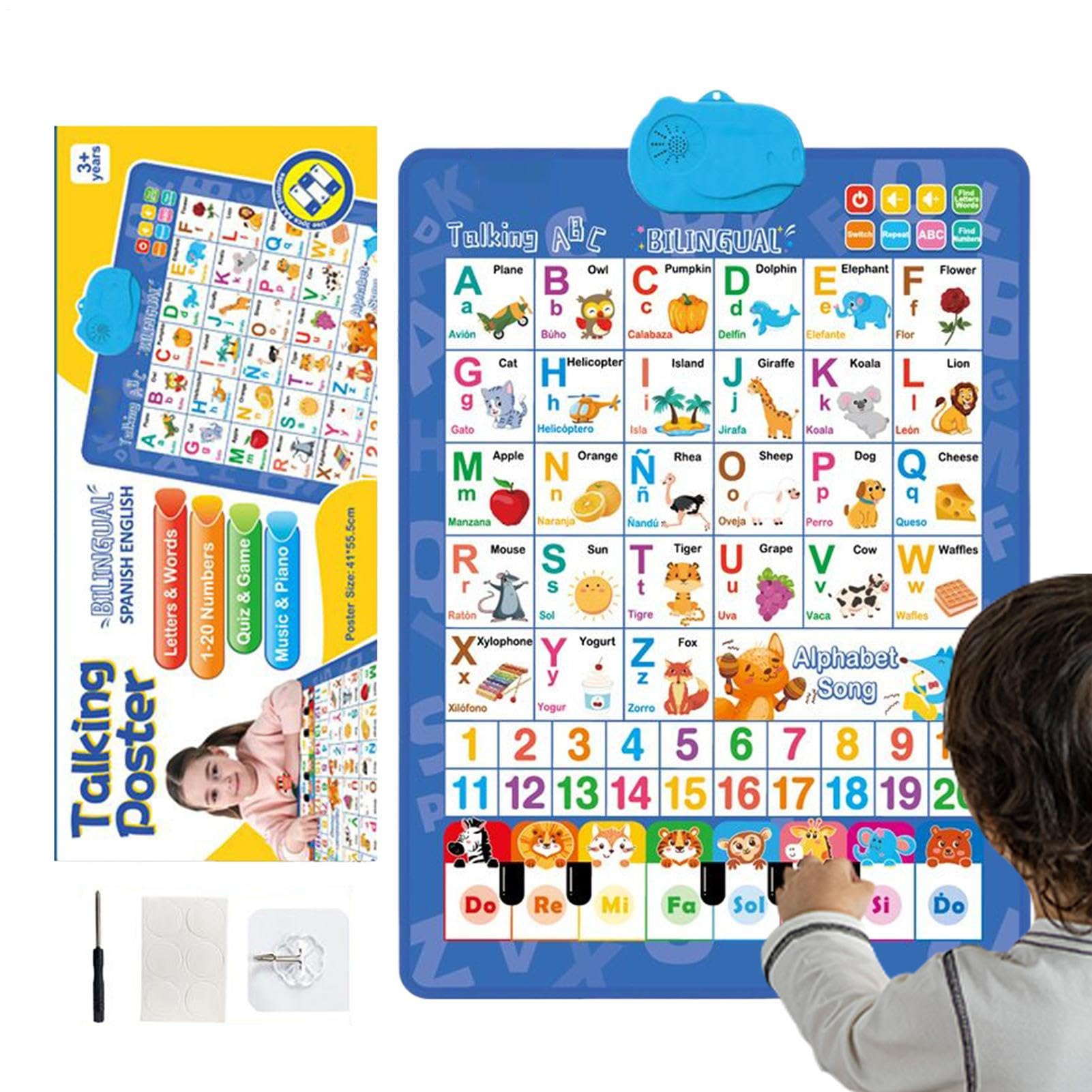 Tablero de Pared parlante - Interactivo bilingüe, póster del Alfabeto, Aprendizaje Musical en español e inglés | Aula, guardería, hogar, Sala de Juegos, cumpleaños