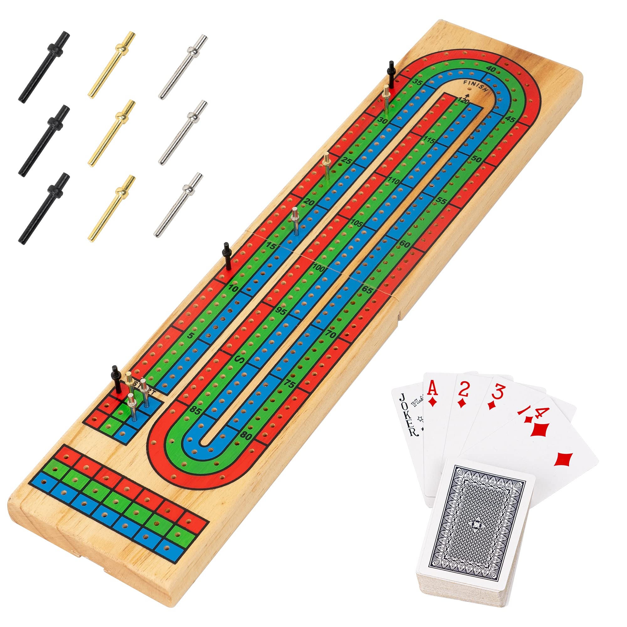 Juego de mesa de madera tradicional, codificado por colores de 3 pistas con clavijas de metal y baraja de naipes