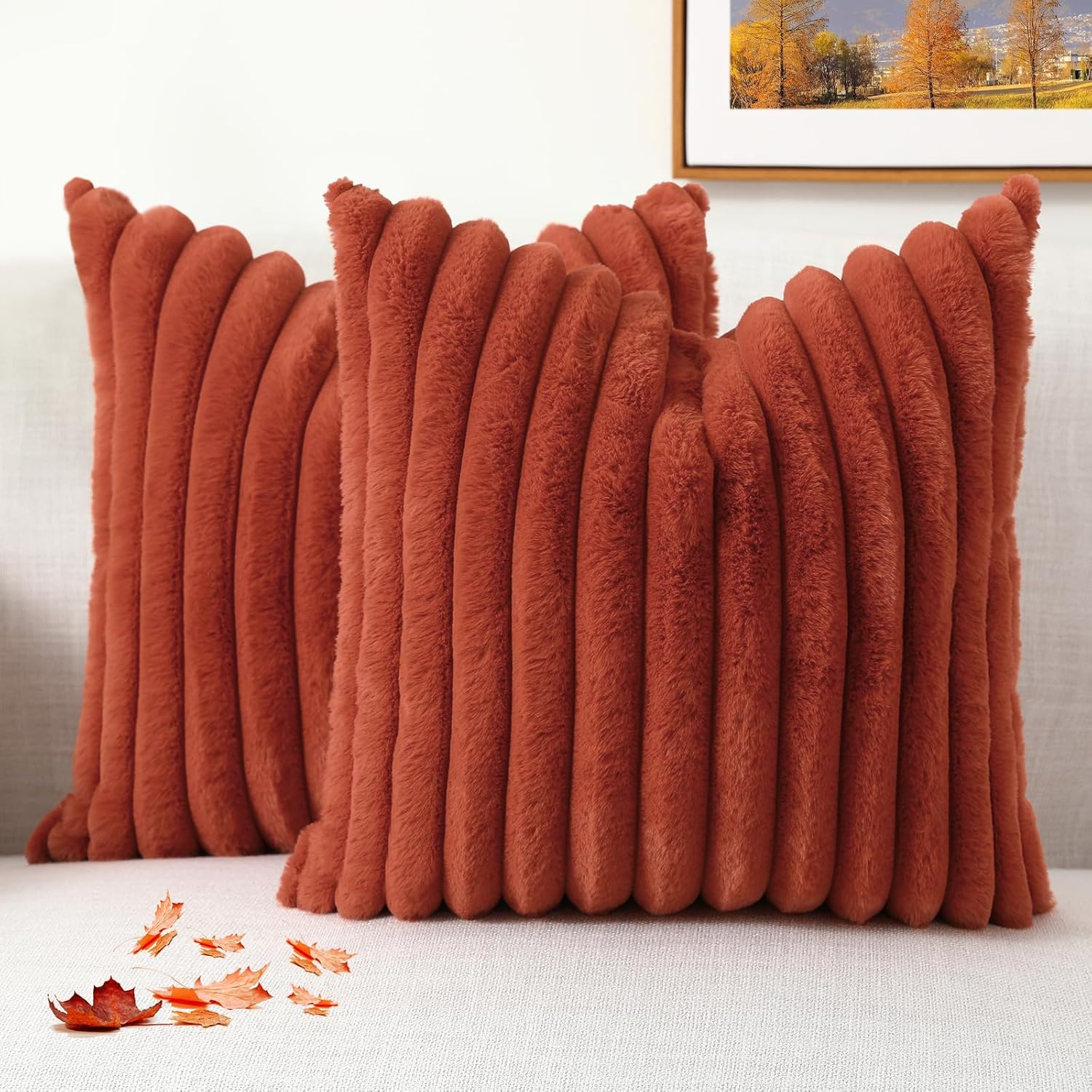 decorUhome Fall Faux Fur Throw Pillow Covers 20x20 Set of 2, Decorative Soft Plush Striped Couch Pillow Covers with Velvet Back for Sofa, Bed, Living Room, Rust 20 x 20-Inch (Pack of 2) Rust