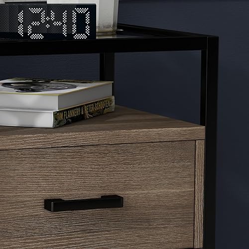 Miniatura 5 de AKDSteel Mesita de noche, mesa auxiliar con cajón de almacenamiento y almacenamiento de 3 niveles y parte superior de vidrio templado, muebles de