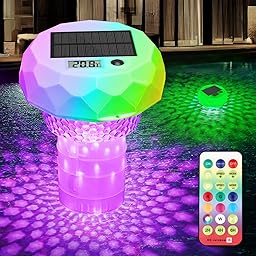 Lumière Piscine Solaire avec Diffuseur Chlore, Thermomètre, Lampe Flottante piscine avec Télécommande, 8 Couleur, Minuterie, IP68 Étanche éclairage pour piscine, Baignoire, Spa, Étang Jardin Déco
