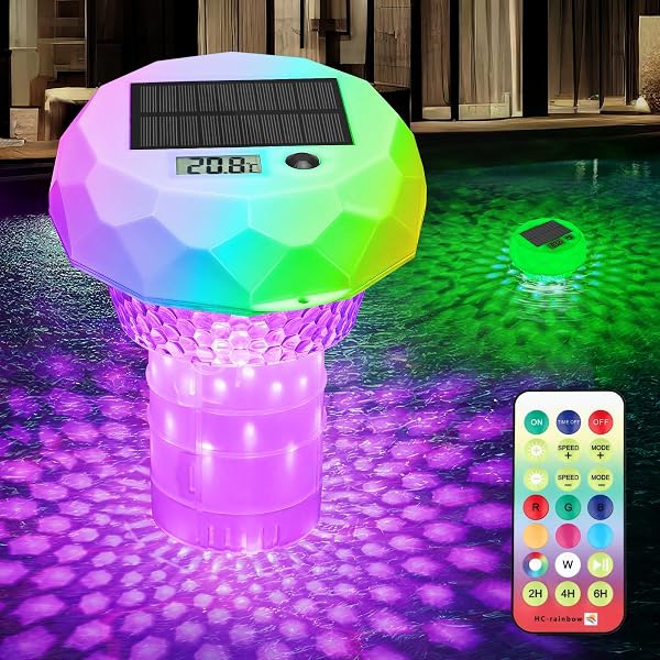 Lumière Piscine Solaire avec Diffuseur Chlore, Thermomètre, Lampe Flottante piscine avec Télécommande, 8 Couleur, Minuterie, IP68 Étanche éclairage pour piscine, Baignoire, Spa, Étang Jardin Déco - 1