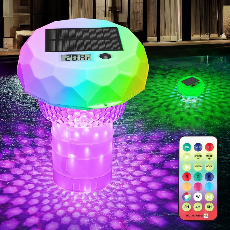 Lumière Piscine Solaire avec Diffuseur Chlore, Thermomètre, Lampe Flottante piscine avec Télécommande, 8 Couleur, Minuterie, IP68 Étanche éclairage pour piscine, Baignoire, Spa, Étang Jardin Déco
