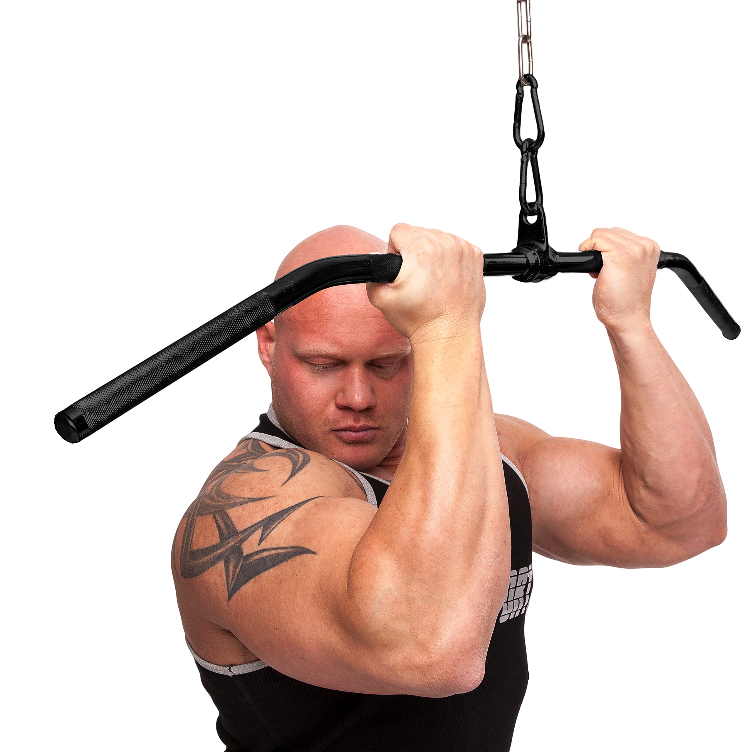 C.P. Sports Latzugstange Stahl Schwarz 120cm | extra lang für noch breiteren Latzug | Hufgriff, weitere Griff-Möglichkeiten | Drehgelenk, inkl. Karabinerhaken | Kraftsport, Bodybuilding, Fitness