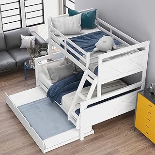 Merax Trundle Bunk Bed, Twin Over Full Wood Bunk Bed with Twin Size Trundle, Solid Wood Bunk Bed Frame with Guardrail and Ladder, White
