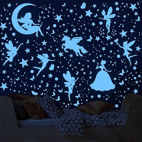 Miniatura 7 de Decoración de dormitorio de unicornio con estrellas que brillan en la oscuridad para niñas, calcomanías de pared de mariposa de hadas, calcomanías