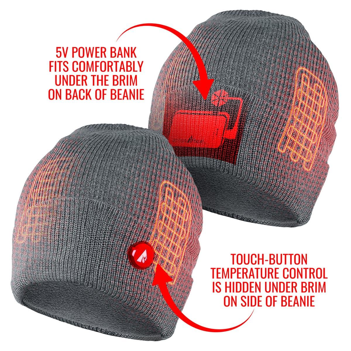 ActionHeat Gorro de punto calentado con batería de 5 V - Gorra recargable para invierno - Calor ajustable 4 horas de calor, Gris, talla única