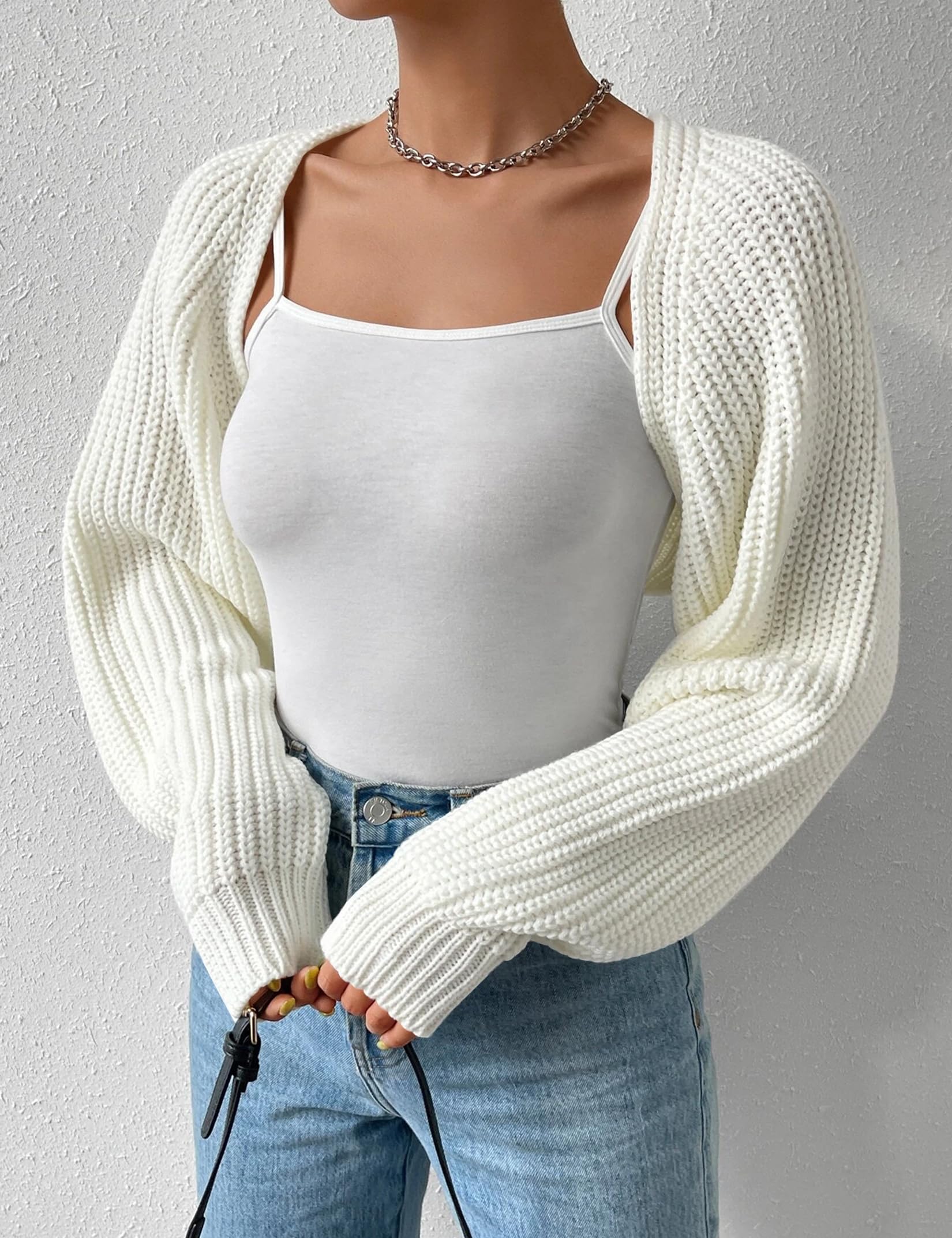 XuBa Bolero Damen Kurz Strickjacke Shrug Strickpullover Cardigan Sweater Langarm Solide Farbe Gerippt Crop Tops