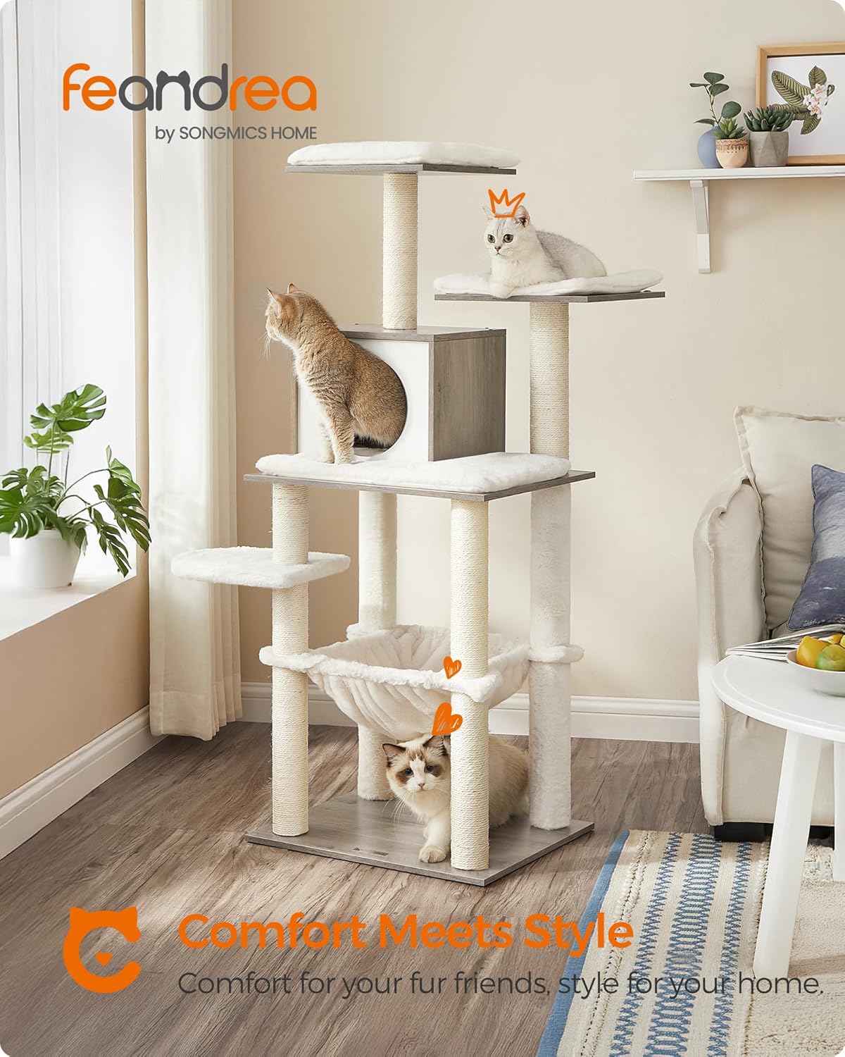 Feandrea Cat Tree, 56.3-Inch Modern Cat Tower, Multi-Level Plush Condo with Scratching Posts, Hammock, Washable Cushion, Heather Greige UPCT164G01