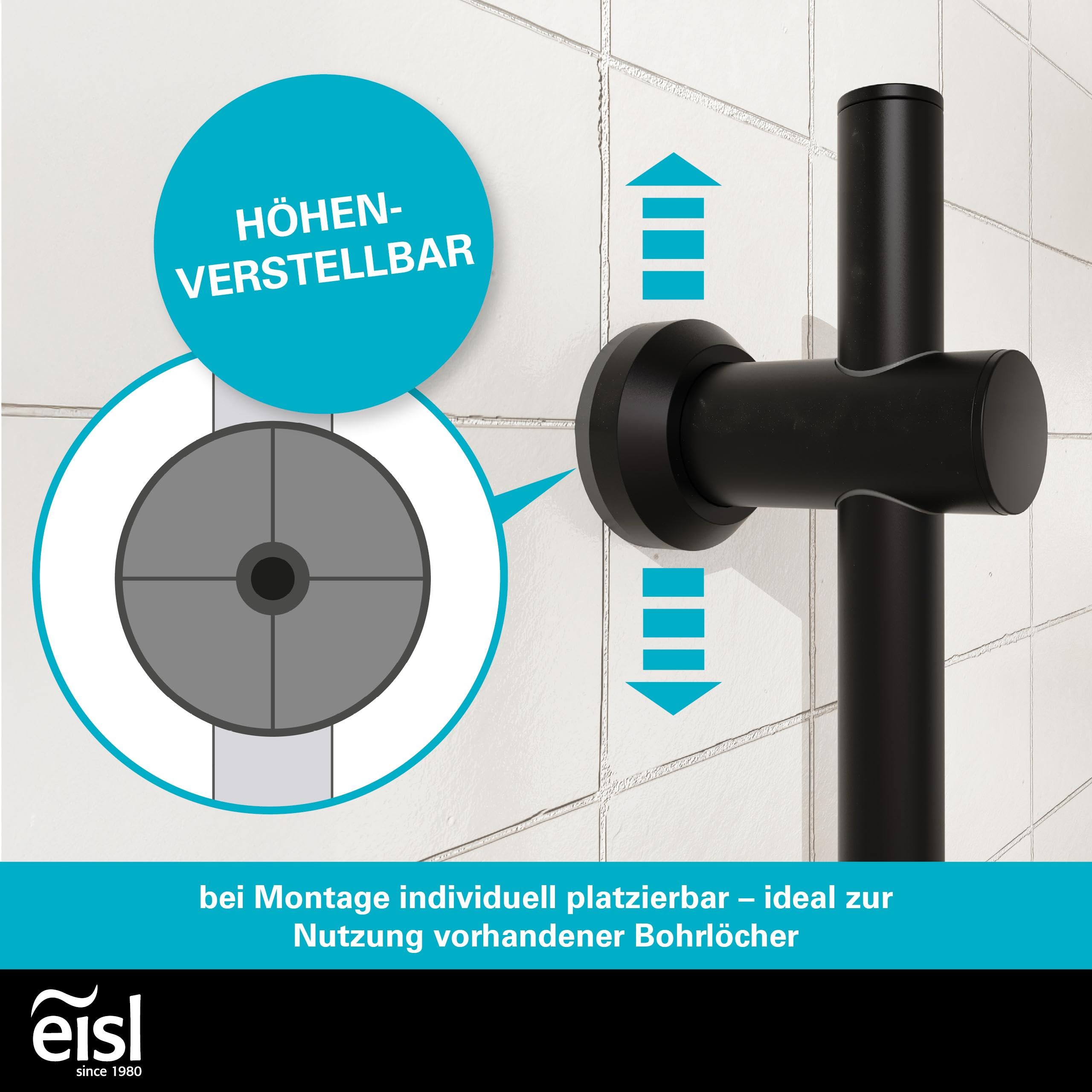 EISL DX7076CSB STILO Brausestangenset, Duschset mit Brausestange 70 cm, Duschbrause mit Schlauch und Halterung, Duschkopf mit 3 Funktionen, Duschstange mit Brause, Schwarz