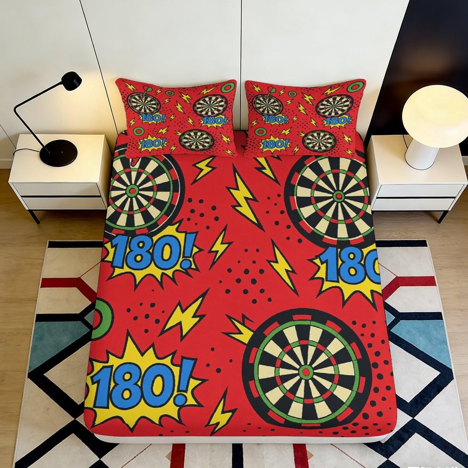 3D Printed Dartboard Comic Fitted Sheet Microfiber Soft Breathable Lightning Bed Sheet for Bedroom Student Dorm Decor 90x200x25cm