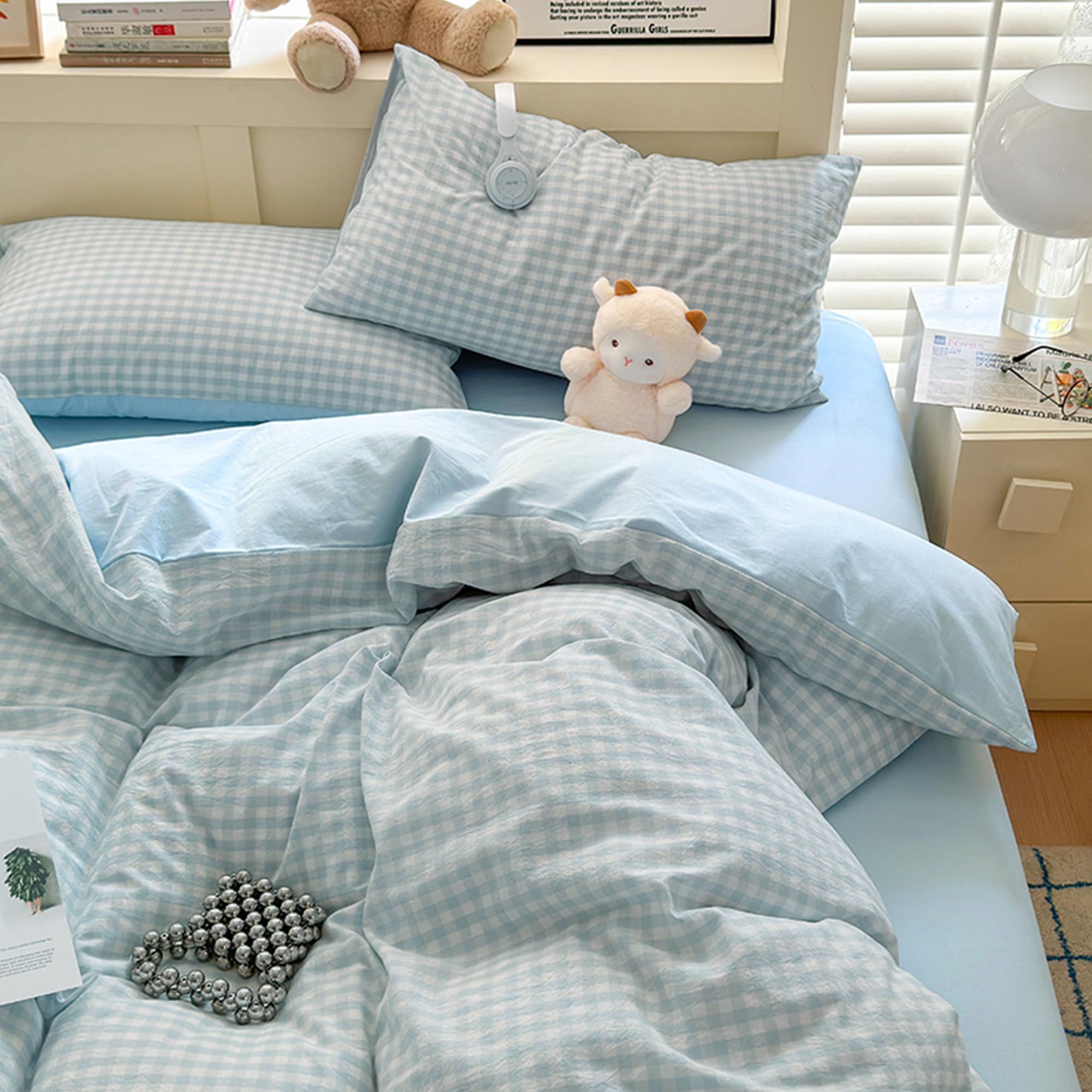 BOLINLIVING Gingham Duvet Cover King Size, Reversible Blue Checkered Plaid