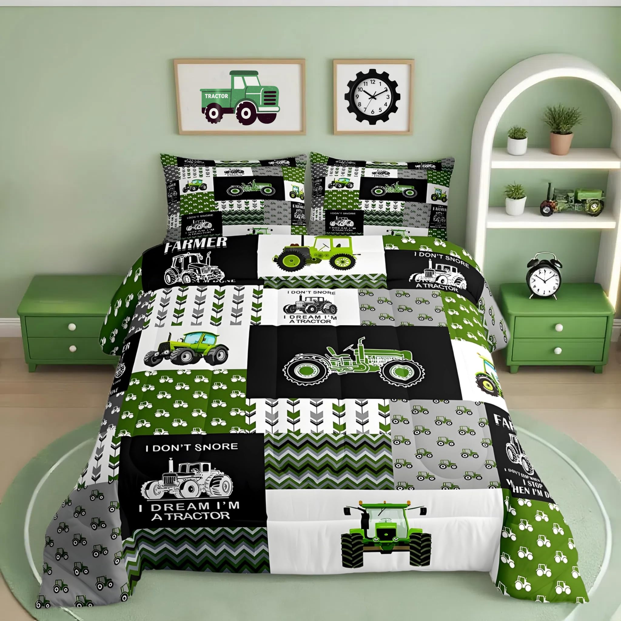 Feelyou Tractor Comforter Set Cartoon Farm Tractor Down Duvet for Kids Boys Girls Truck Car Bedding Set Harvester Excavator Comforter Green 1 Comforter Set with 1 Pillowcase Twin Size