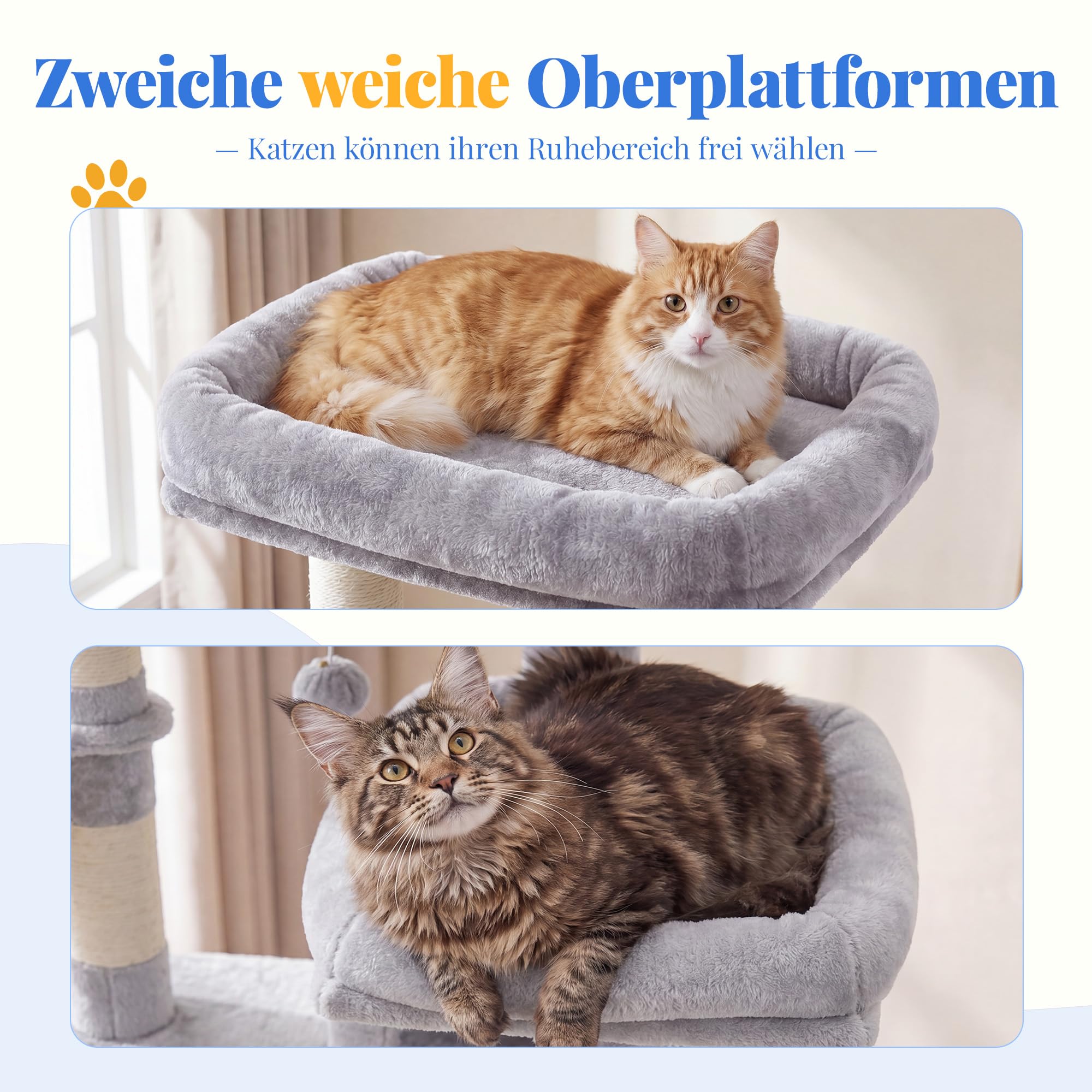 Hey-brother Kratzbaum, 188 cm Katzenbaum, XXL Kletterbaum mit 2 groß Plattform, 3 Höhlen, 2 Korb, Plüschbälle und Sisal Kratzbäume, mehrstöckiger Katzenkratzbaum, Hellgrau MPJ035-MW