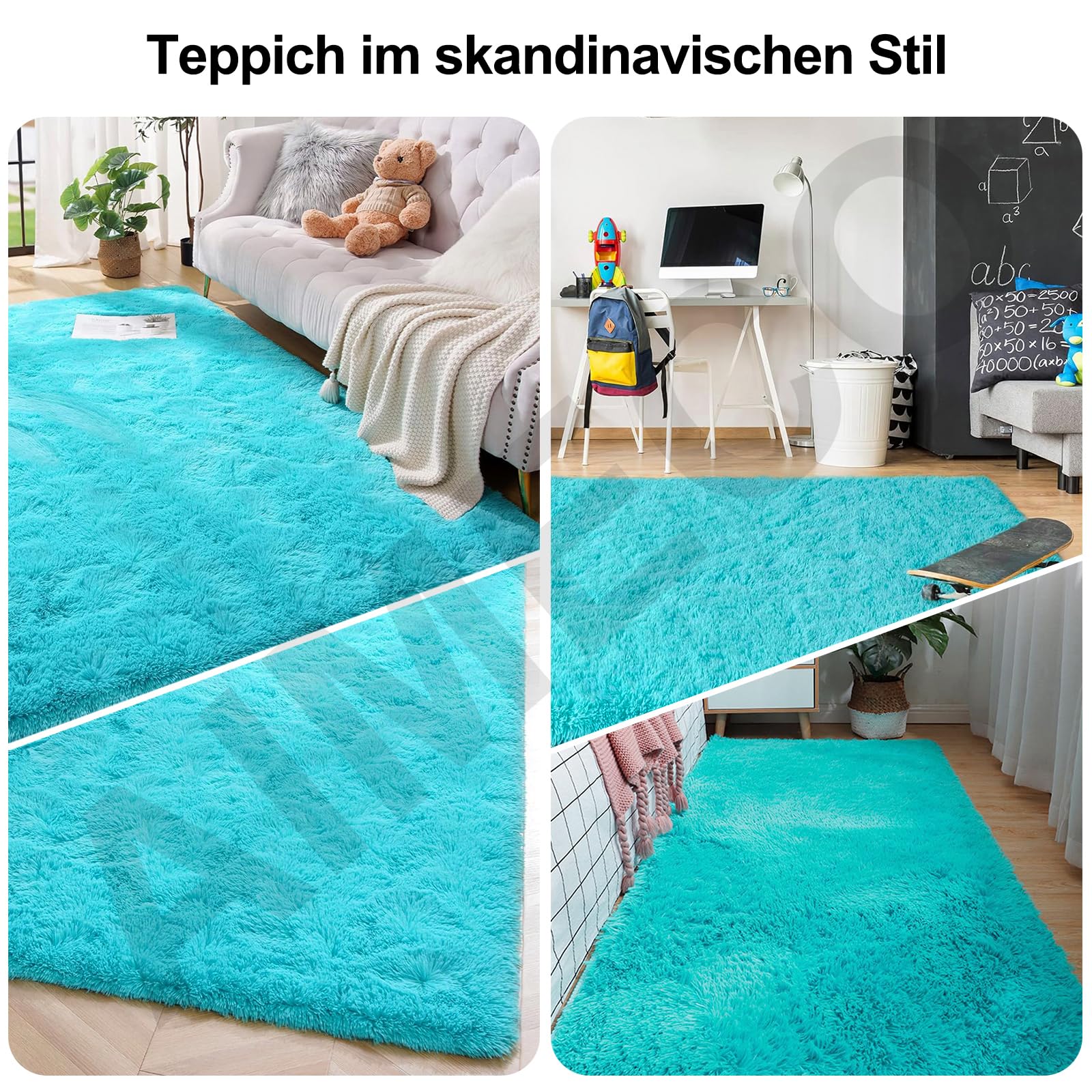 Alfombra mullida de pelo largo, color azul turquesa, 160 x 250 cm, antideslizante, ligera, estilo escandinavo, ideal para salón, dormitorio, habitación infantil
