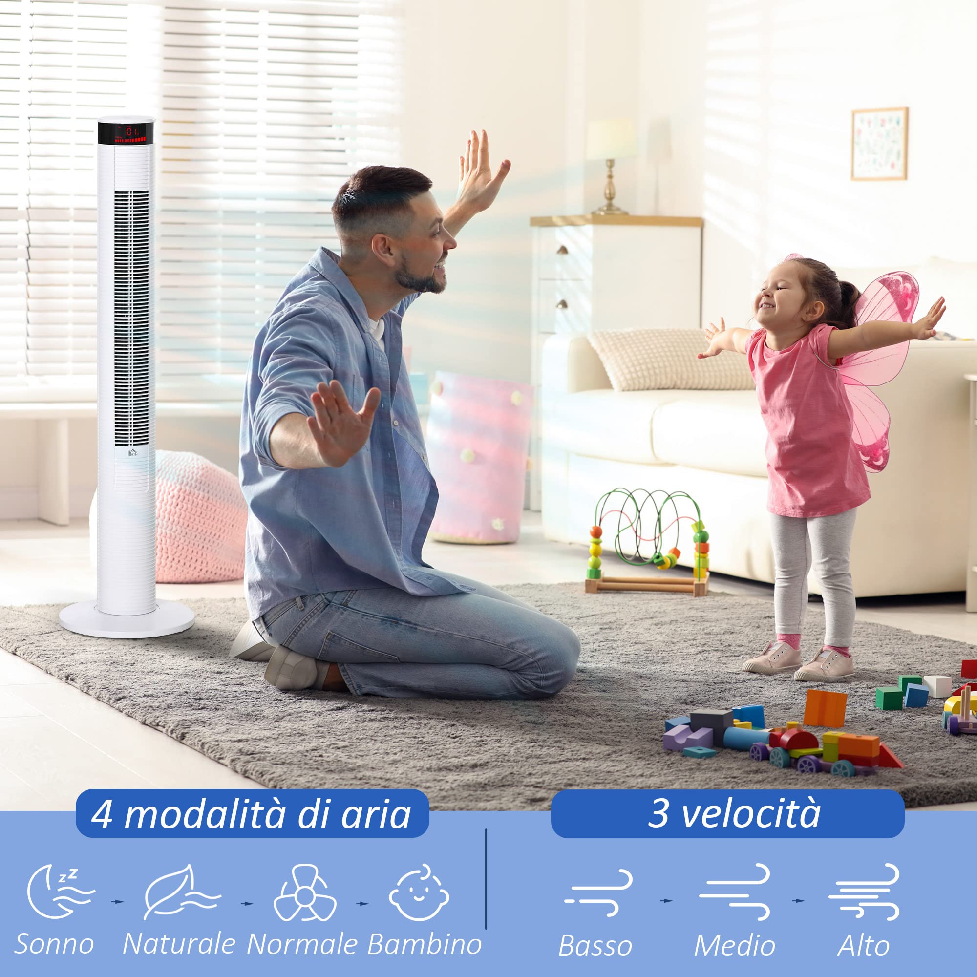 HOMCOM Ventilatore a Torre con 3 Velocità 4 Modalità, 45W, Timer 12h, Ventilatore a Colonna con Oscillazione 70°, Pannello LED e Telecomando, Bianco