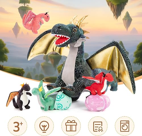 Vista 133 de Juego de 7 juguetes de peluche de dragón verde gigante de 21.7 pulgadas, animal de peluche con 4 bebés y 2 huevos, dinosaurios de peluche para niños