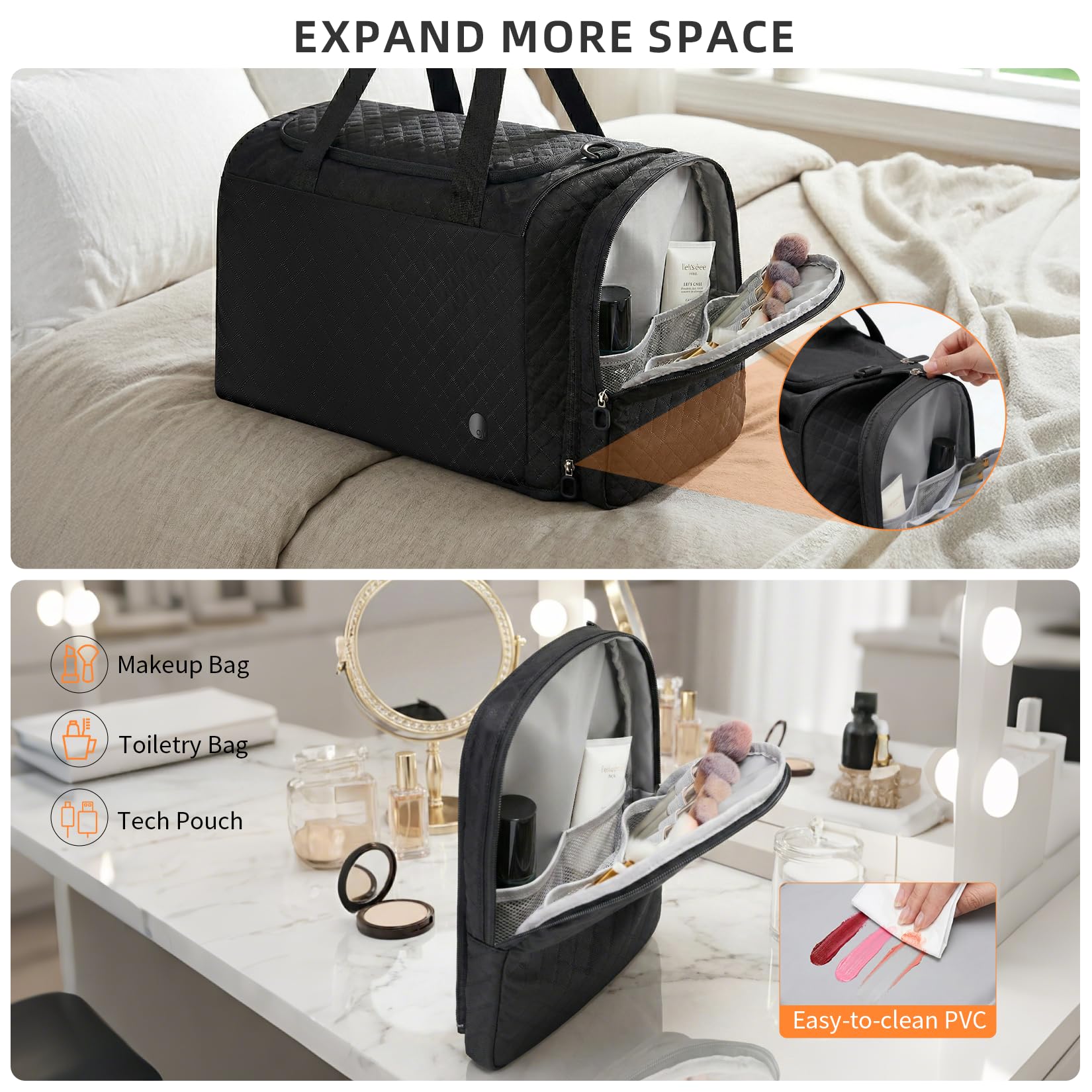 aji Reisetasche Damen Herren mit Abnehmbarer Kosmetiktasche, Separatem Schuhfach, Laptop-Fach und Feuchtigkeitsgetrenntem Fach, Weekender Leicht, Handgepäck Tasche für Reise Fitness Sport, Schwarz