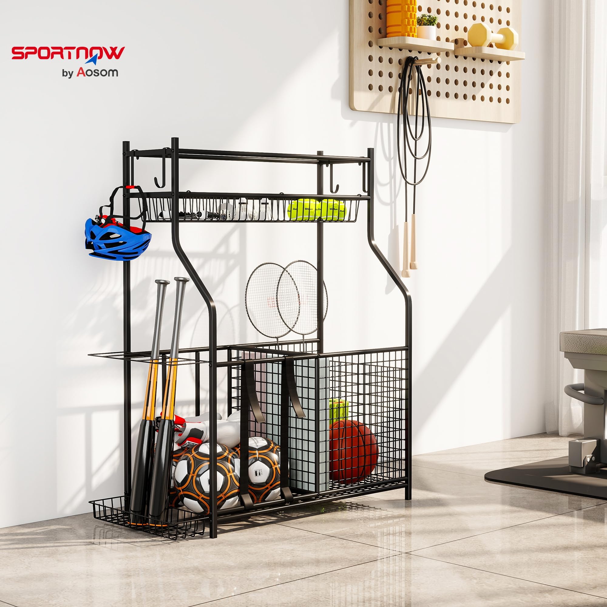 SPORTNOW Rangement d'Équipements de Sport, Organisateur d'Équipements de Sport pour Balles, Jouets avec Paniers, Crochets Amovibles, Sangles Élastiques, pour Intérieur, Extérieur, École, Garage, Noir