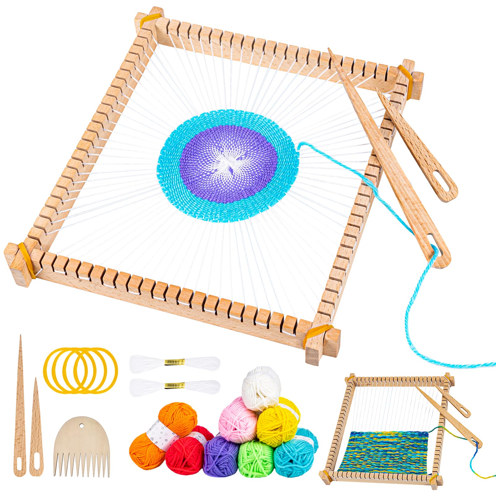 Wooden Weaving Loom Kit, 26x28cm Wooden Multi-Craft Weaving Loom Adjustable Hand-Knit Machine, Loom Set with Yarns,Rods,Combs and Shuttles, Suitable for Beginner & Kids