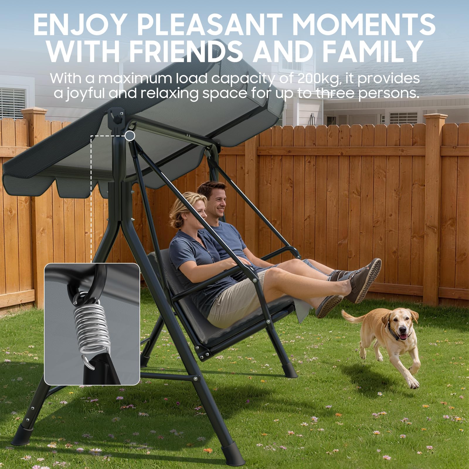 Verdego Hollywoodschaukel 3 Sitzer, Hollywoodschaukeln 193x110x152cm, Gartenschaukel mit Verstellbarem Dach, Anti Rutsch Füße, Einfache Montage, 200KG Belastbar, für Garten, Terrasse, Anthrazit