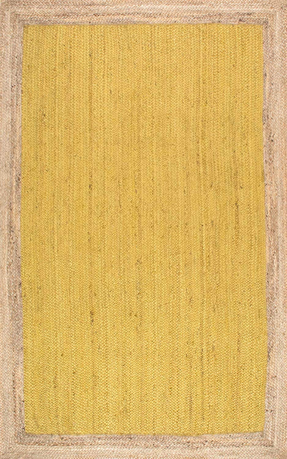 Tapis rectangulaire tressé à la Main en Jute Jaune avec Bordure Beige, Aspect Rustique (60 x 110 cm)