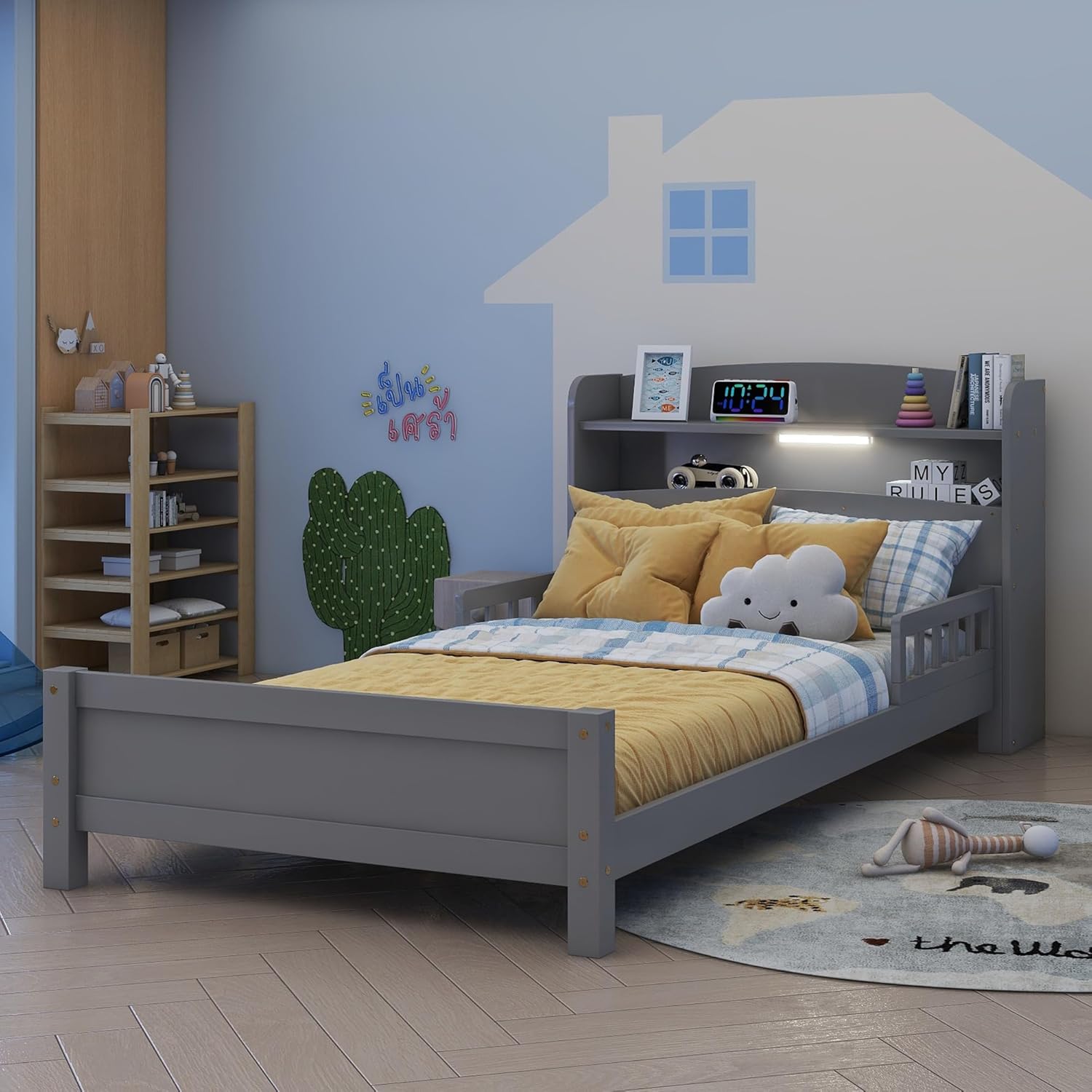 Twin Bed Frame with Flexible Rails, Wood Low Platform Beds with Storage Headboard & LED Motion Sensor Light and Slat Support for Boys Girls Teens, No Box Spring Needed, Twin Size Platform Bed, Gray