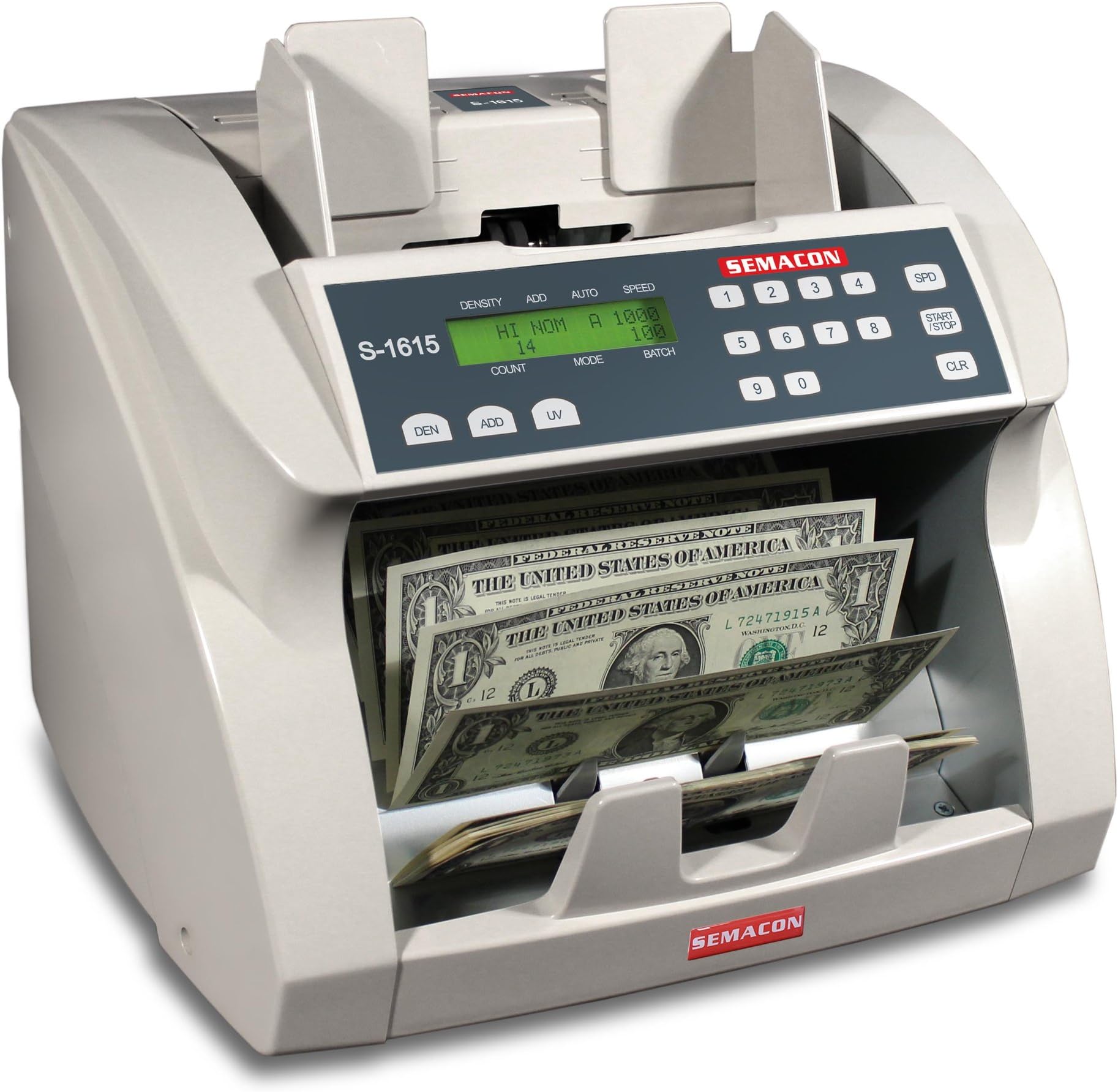 Semacon S-1615 Ultra High-Speed Premium Bank Grade Currency Counter with Ultraviolet Counterfeit Detection; Counting Mode, Adding Mode and Memory; 1000/1200/1500/1800 Notes per Minute