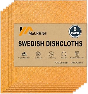 Swedish Dishcloths for Kitchen | 6 Pack Absorbent Cellulose Sponge Cloths Washable | Non-Scratch Reusable Paper Towels Quick Drying Cleaning Cloths - Orange