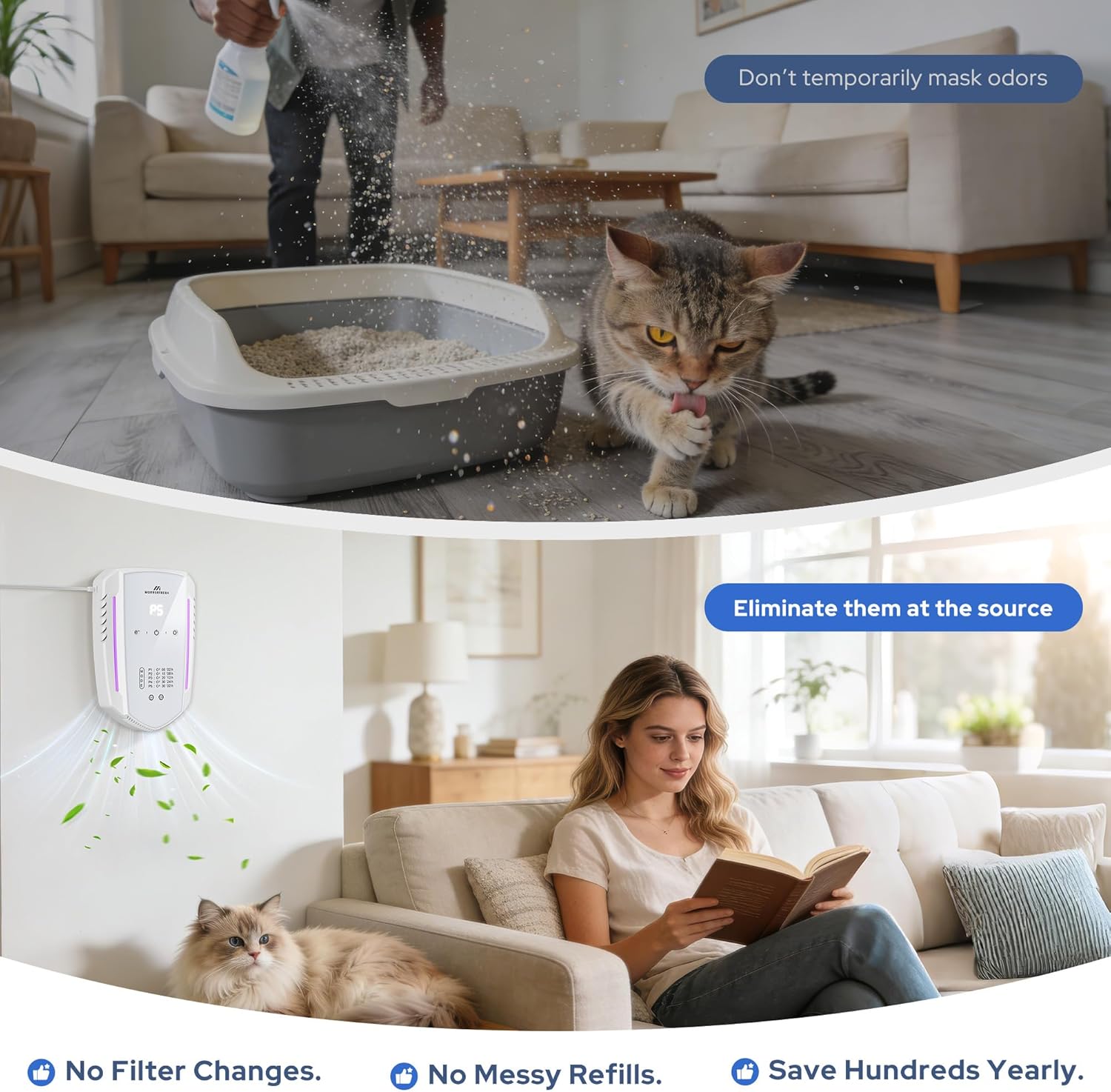 Cat Litter Deodorizer & Ozone Odor Eliminator, Pet Odor Eliminator Air Purifier for Home, Plug-in Litter Box Deodorizer for Strong Cat Urine & Poop Smell, 5 Modes for Cat Room, Kitchen, Toilet