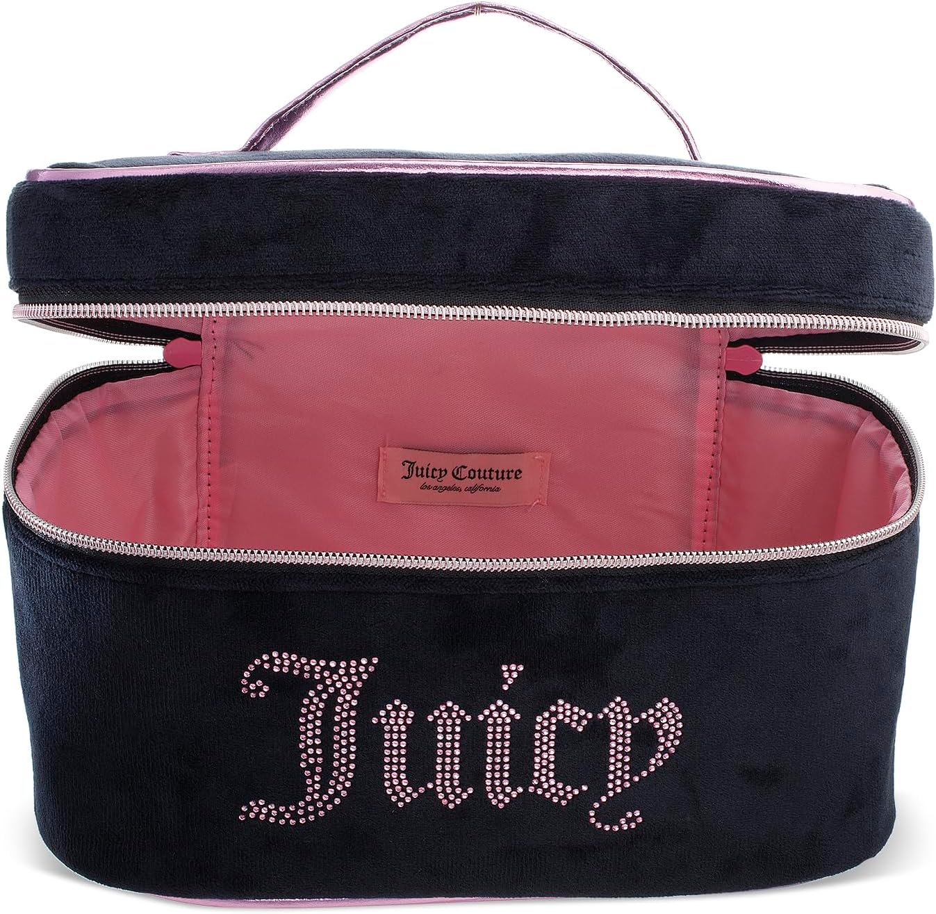 Juicy Couture Black Pink Makeup Bag Cosmetics Organizer Travel Essentials Train Case Velour Rhinestones