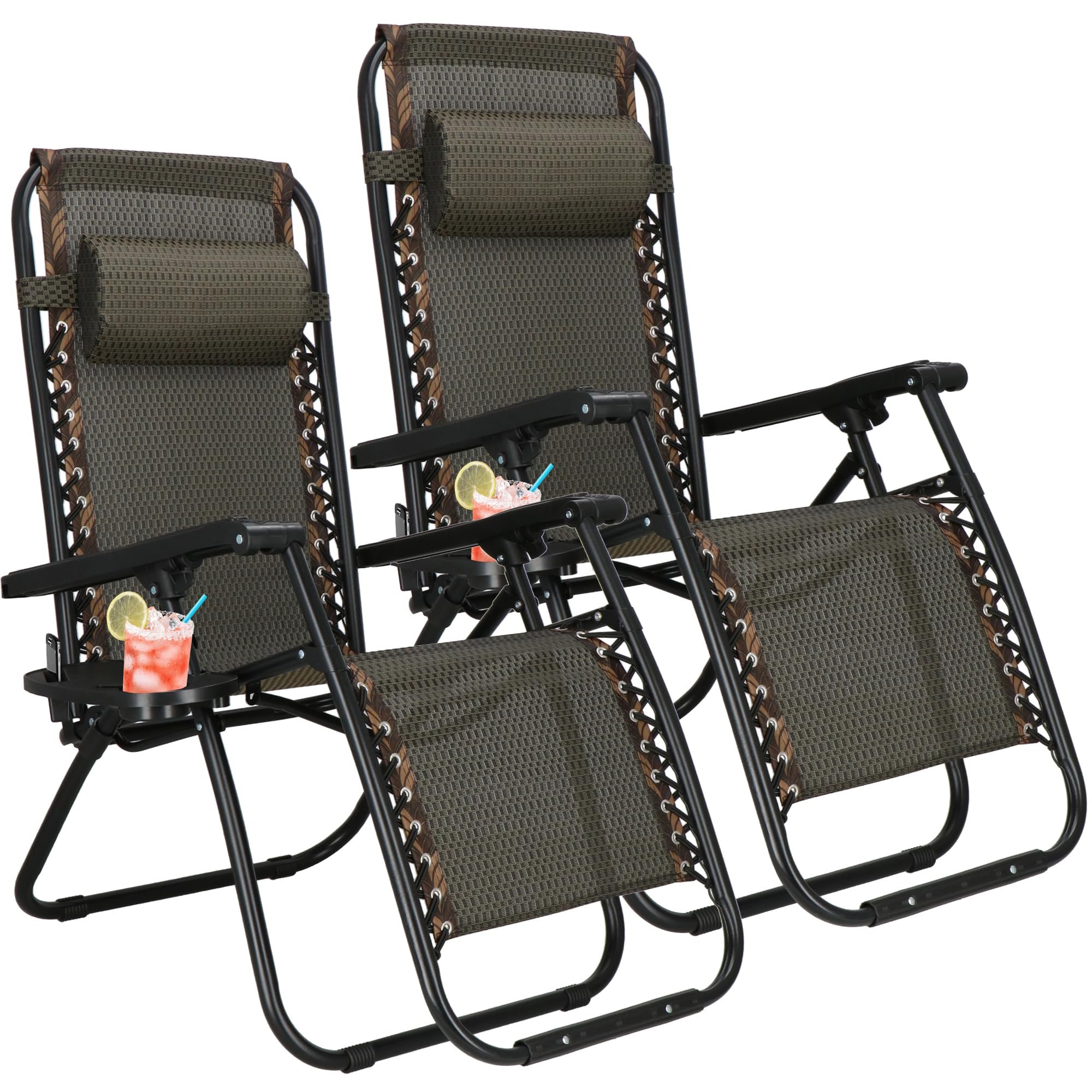 SPRINGOS Lot de 2 Chaises Longues Pliantes avec Appui-Tête – Transat de Jardin avec Accoudoirs, Porte-Gobelet et Poche Suspendue – Relaxation Extérieure pour Terrasse, Balcon et Plage