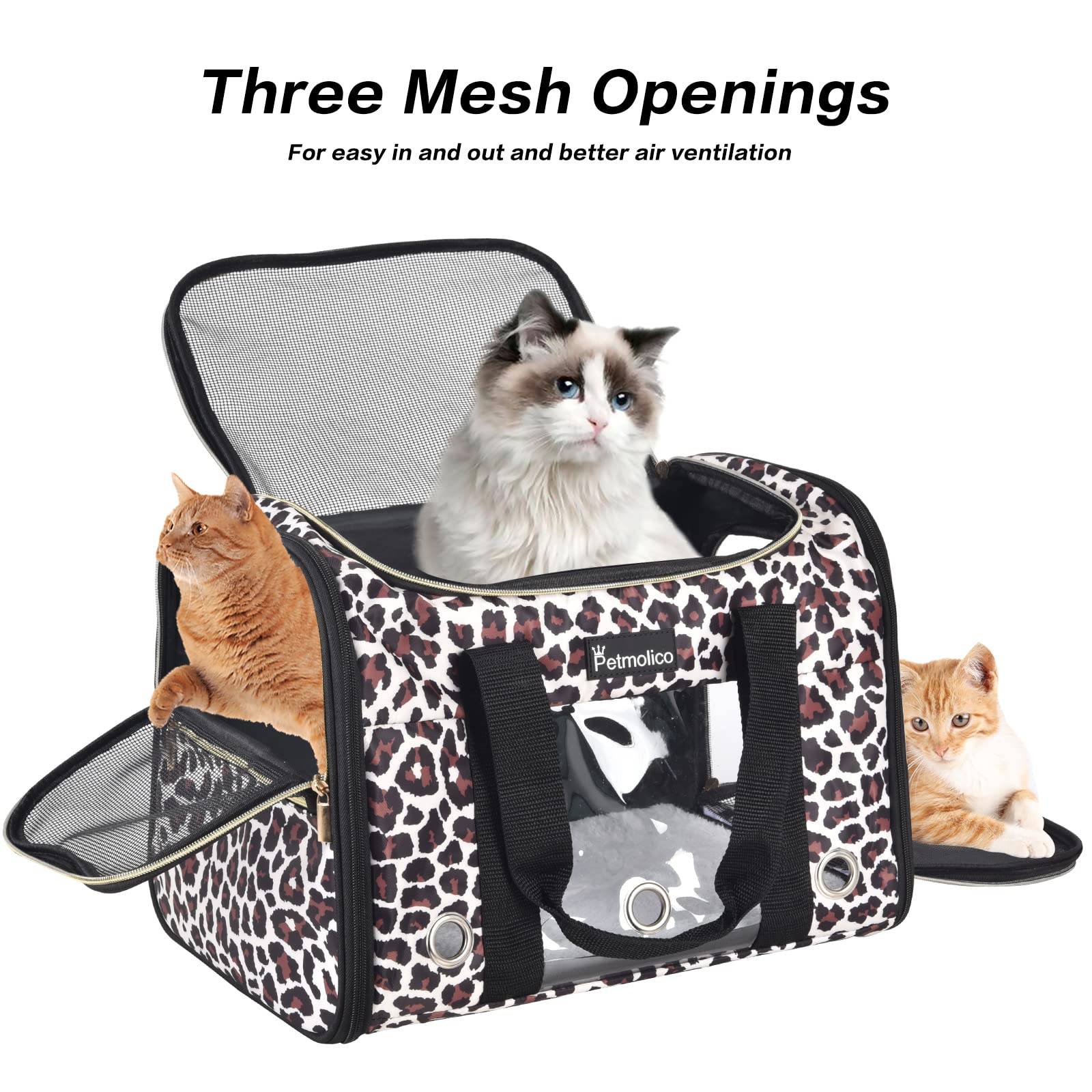 Petmolico Marsupio trasportino per cani, approvato dalla compagnia aerea morbido trasportino da viaggio con 3 porte aperte finestre in rete per gatti cuccioli, 7,3 kg, leopardo