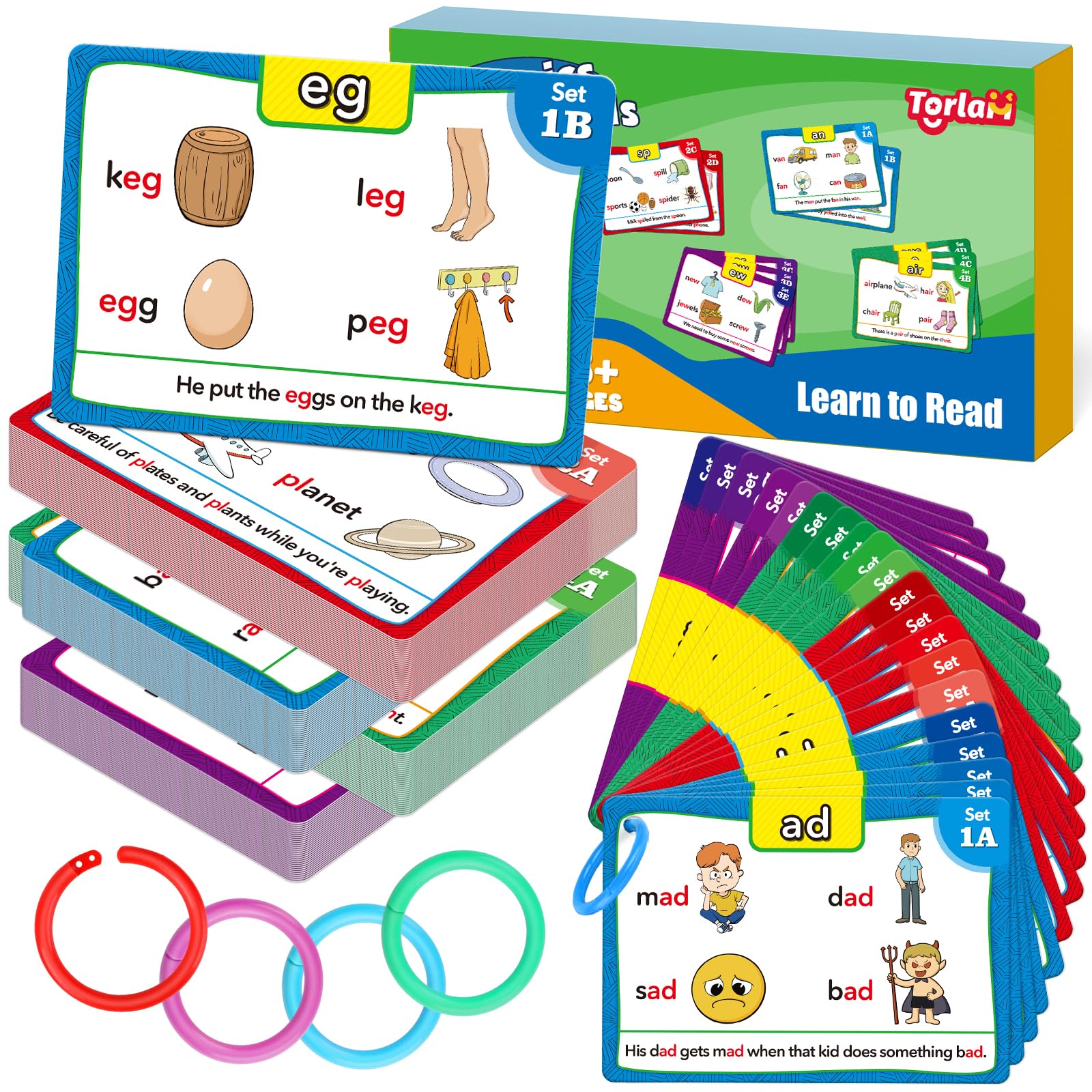 Torlam Phonics Flash Cards Learn to Read Spelling Reading Sight Words Phonics Games, Digraphs CVC Blends Long Vowel Sounds Kids Dolch Fry Site Words for Pre-k Kindergarten 1st 2nd 3rd Homeschool
